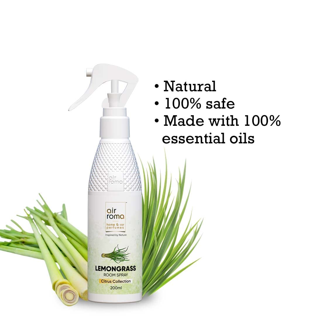 Natural AIR-ROMA Lemongrass & Jasmine Scented Air Freshener Spray - Long Lasting Odor Eliminator for Home, Office, Bathroom, Living Room & Hotel (2 Pack, 200ml Each) | Perfect for Freshening Small Spaces, Cars & Work Desks