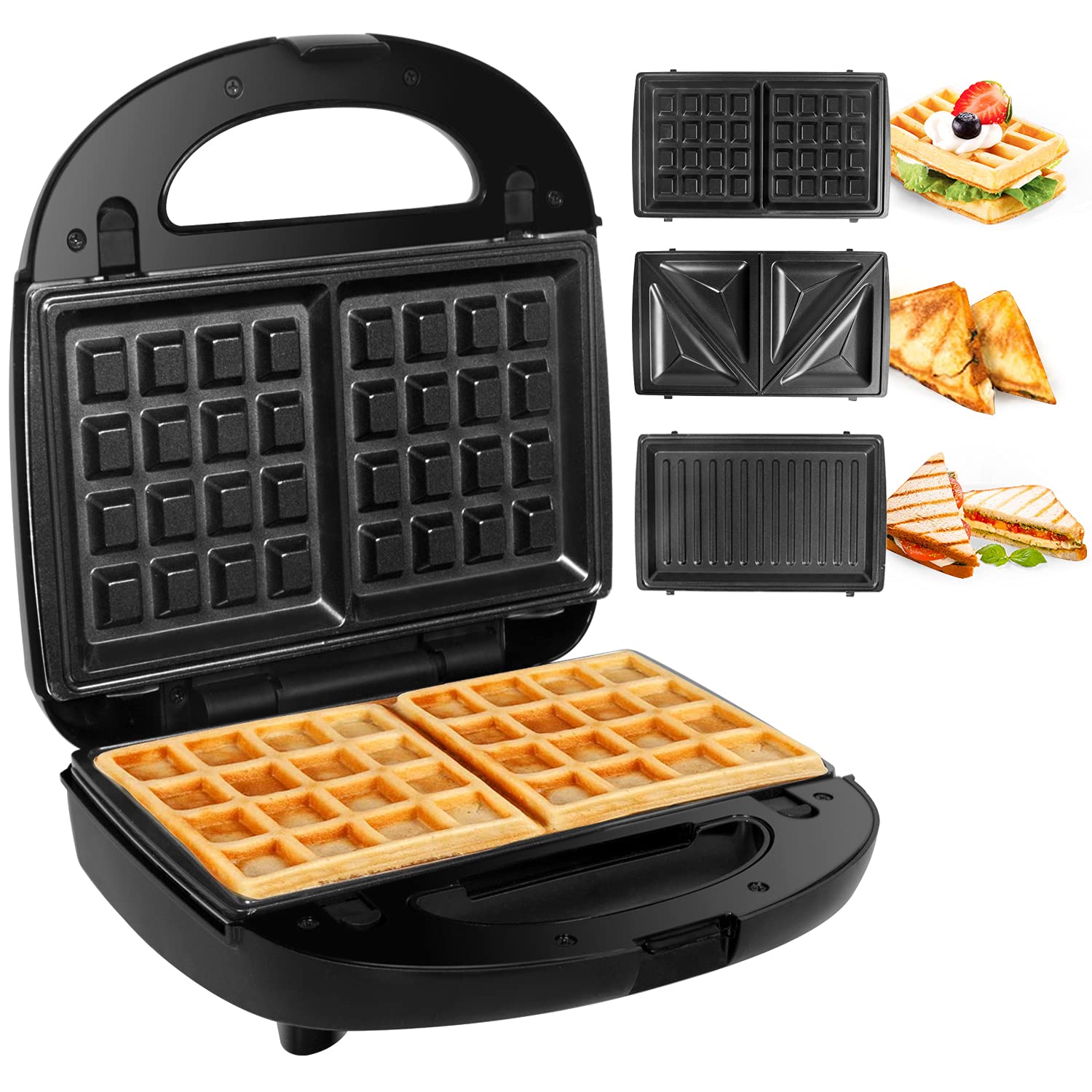 Gotoll 3-in-1 Sandwich Maker, 750W Non-Stick Waffle Iron & Panini Press - Perfect for Breakfast, Snacks, and Quick Meals at Home or Office