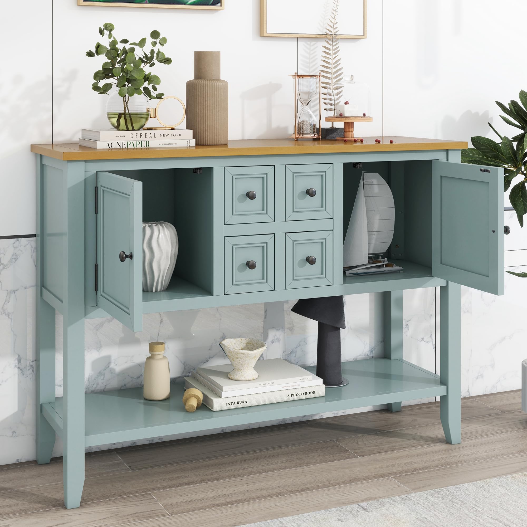 P PURLOVE Modern Console Table with Storage Drawers & Cabinets - Buffet Sideboard Sofa Table with Bottom Shelf - Lime White Finish for Living Room, Entryway & Hallway Decor