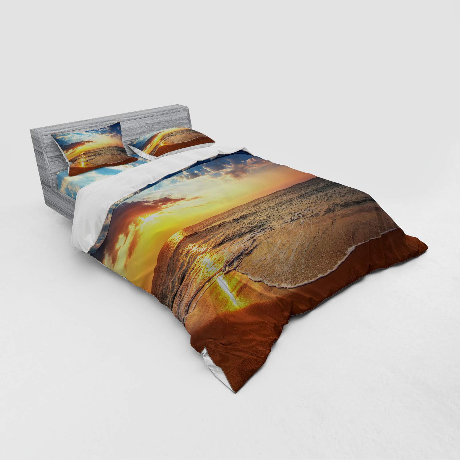 Ambesonne Ocean Bedding Set - Queen Size 4-Piece Duvet Cover with Shams & Fitted Sheet, Blue Yellow Brown Cloudscape Design | Perfect for Beach Themed Bedrooms, Coastal Decor & Honeymoon Travel Inspired Home Styling