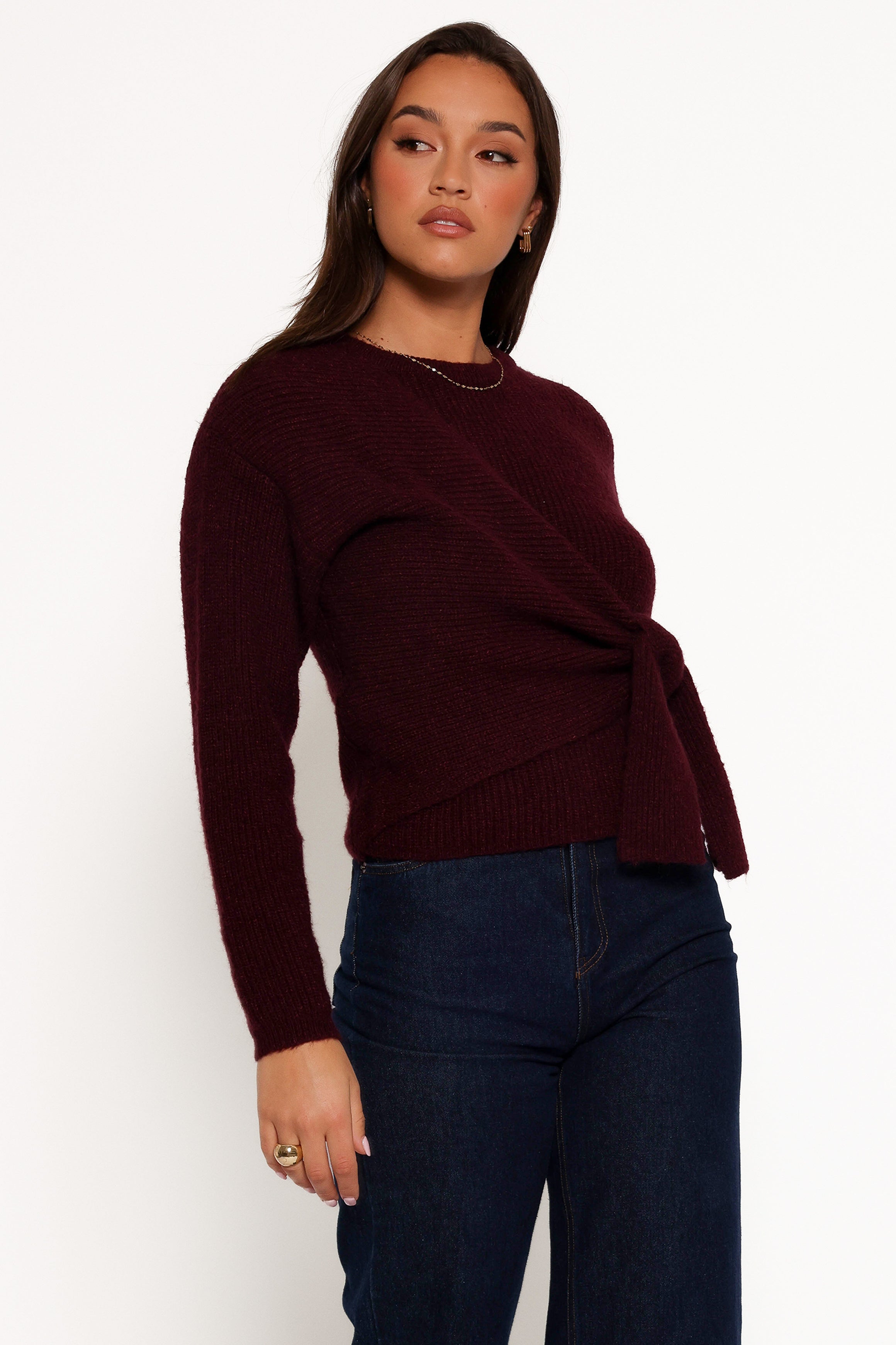 Ettie Wrap Side Tie Knit Sweater for Women - Soft Burgundy Long Sleeve Cardigan - Perfect for Fall, Winter & Cozy Home Wear