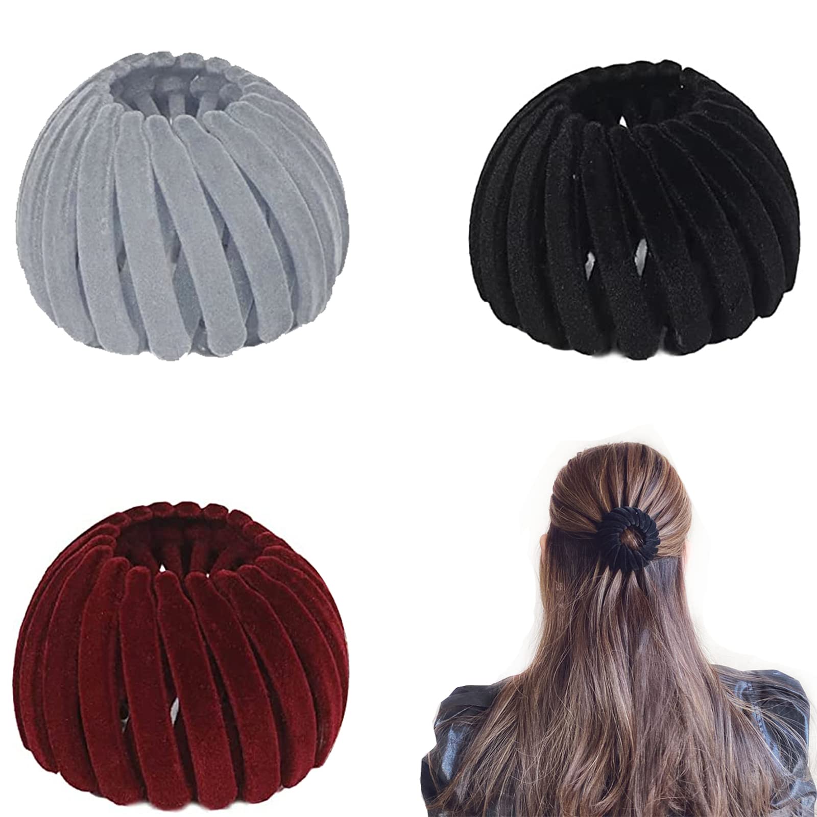 3Pcs Velvet Birds Nest Hair Clips - Expandable Ponytail Holders, Hair Claw Clamps & Bun Maker for Women & Girls (3 Colors) | Perfect for Casual, Work & Party Hairstyles