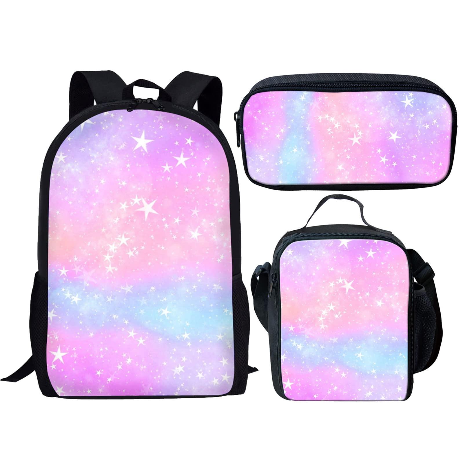 HUIACONG Pink Starry Print 3-in-1 School Backpack Set - Large Capacity Laptop Backpack, Insulated Lunch Box & Lightweight Pencil Case for Adults & Kids - Perfect for School, Office & Travel