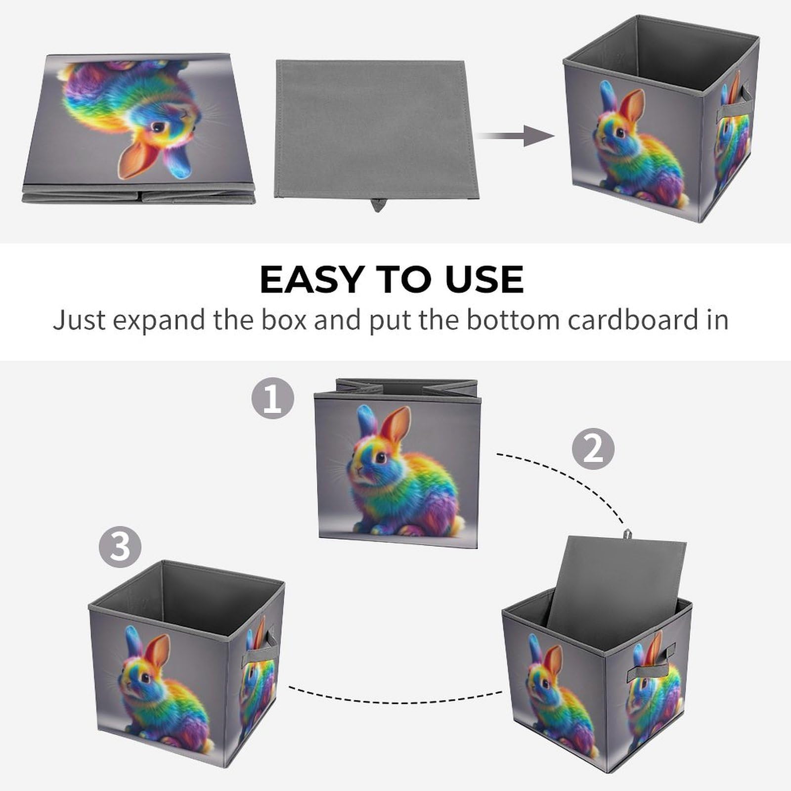 Rainbow Rabbits Printed Storage Box - Portable Toy & Office Organizer for Kids Room, Playroom & Workspace
