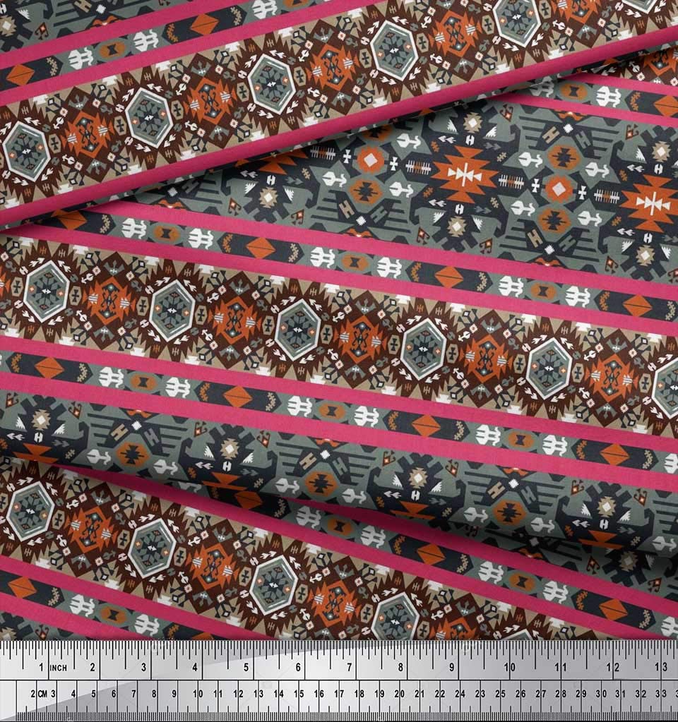 Soimoi Moss Georgette Brown Fabric by The Yard - 42 Inch Wide Aztec Southwestern Printed Fabric for Dresses, Scarves & Home Decor | Soft Flowy Material for DIY Fashion & Bohemian Style Projects