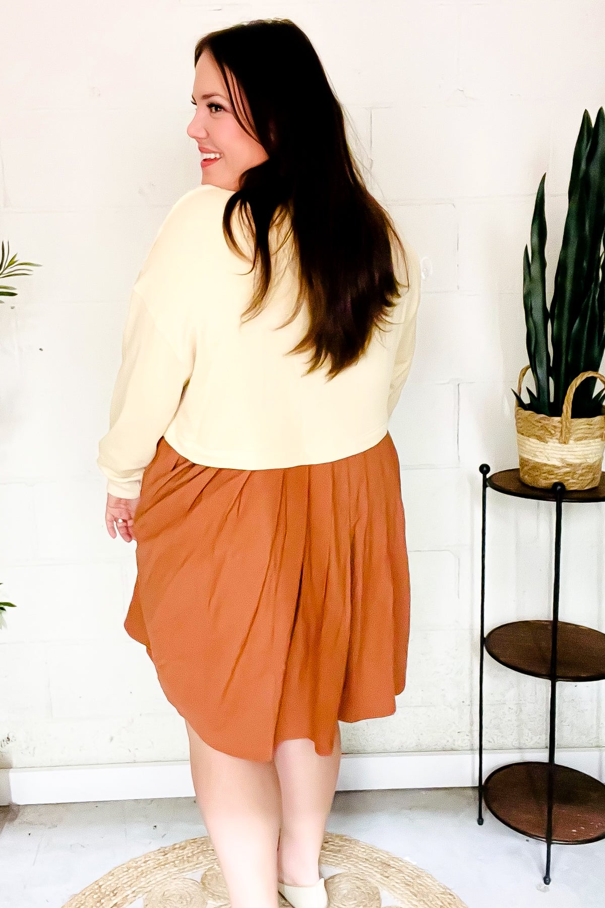 Stylish Bedazzled Cream & Rust Pleated Skirt - French Terry Cotton Dress for Women | Casual & Party Wear | Perfect for Date Nights, Office Outfits & Special Occasions