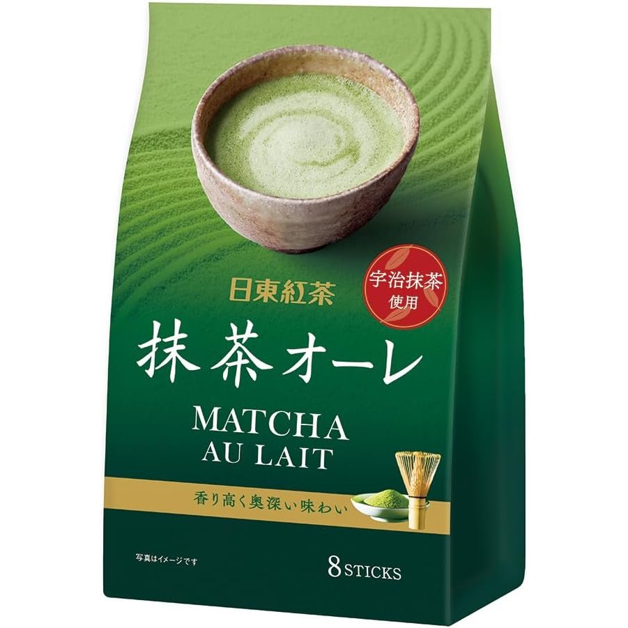Nittoh Tea Matcha Green Tea Latte Powder (Matcha Au Lait) 8 Sticks - Instant Japanese Ceremonial Grade Matcha for Home, Office & Cafe Use