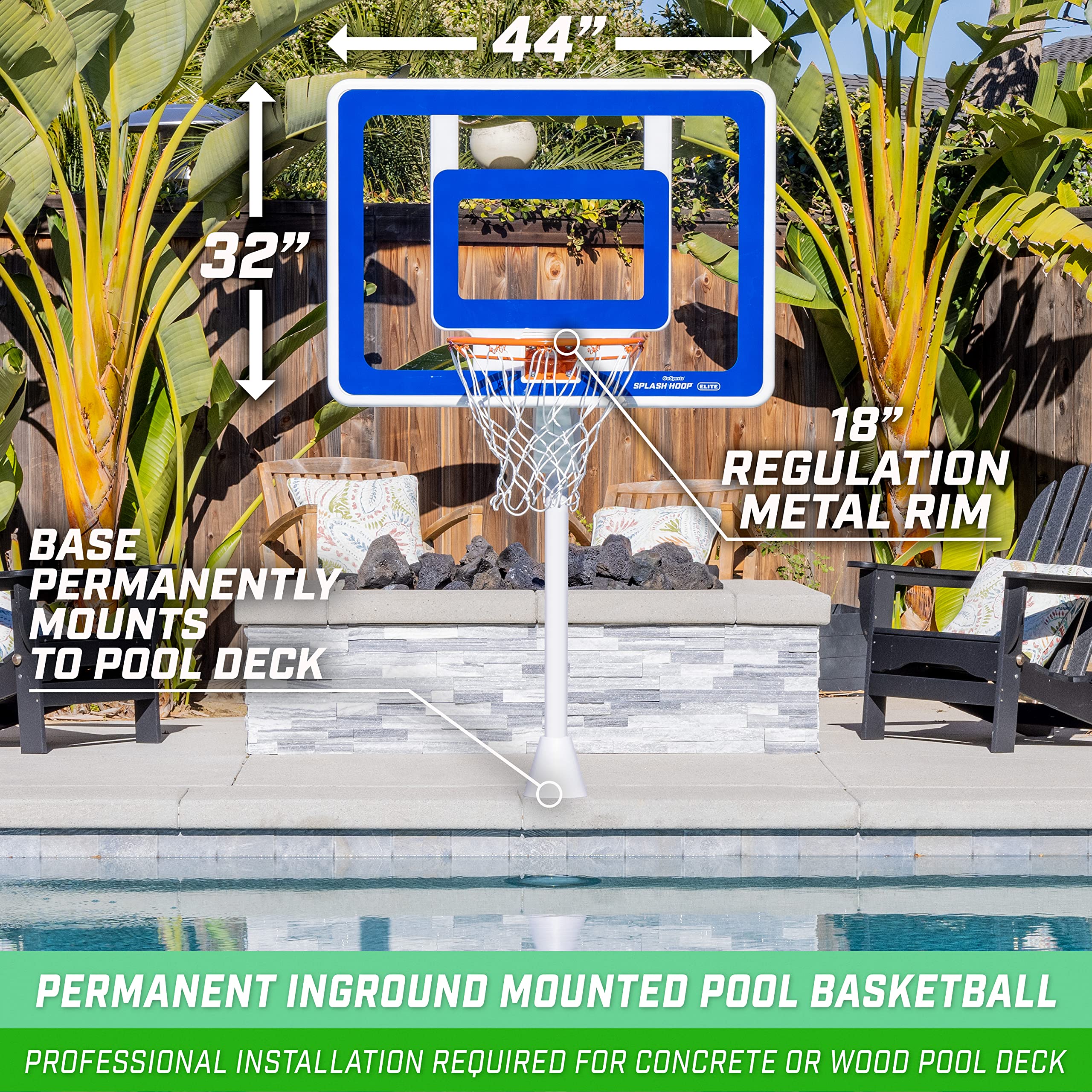 GoSports Elite Inground Pool Basketball Game - Deck-Mounted Splash Hoop with Regulation Rim, Includes 2 Basketballs & Pump - Perfect for Backyard Pool Parties & Summer Fun