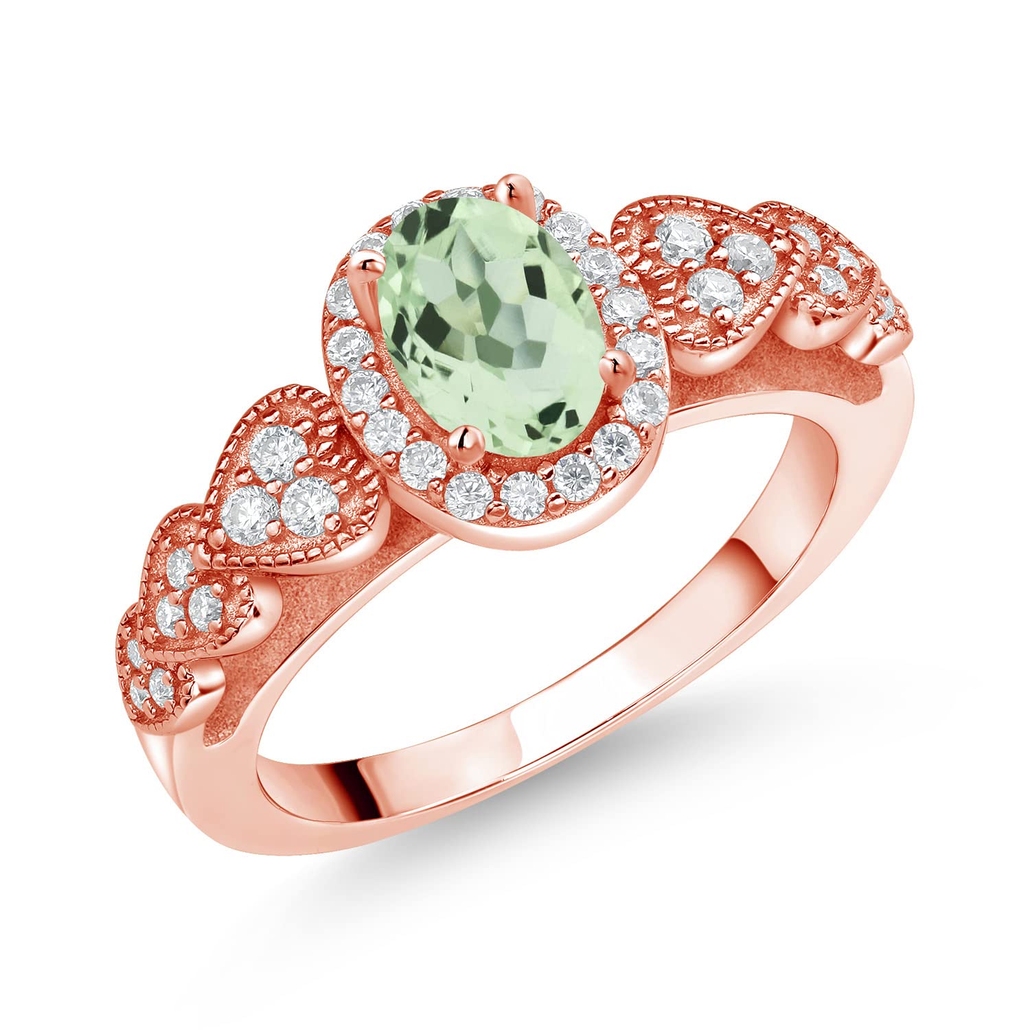 Gem Stone King 18K Rose Gold Plated Silver Heart Ring with Oval Prasiolite Moissanite (0.93 CTTW) - Elegant Jewelry for Valentine's Day, Anniversary & Romantic Gifts