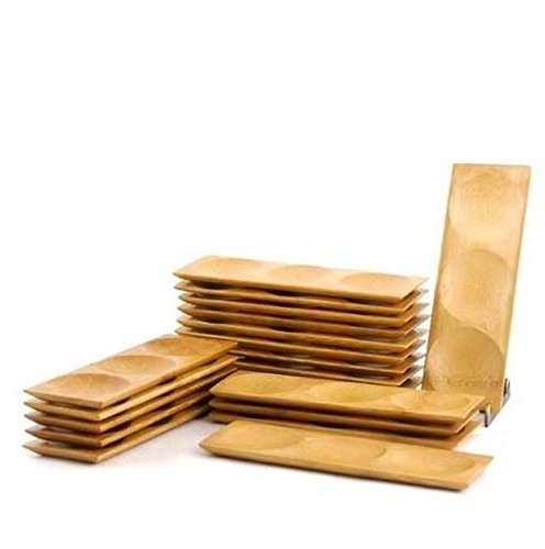 BambooMN Brand - 10 Pack Solid Bamboo Mini Serving Dishes - Rectangle with 3 Round Compartments, 7