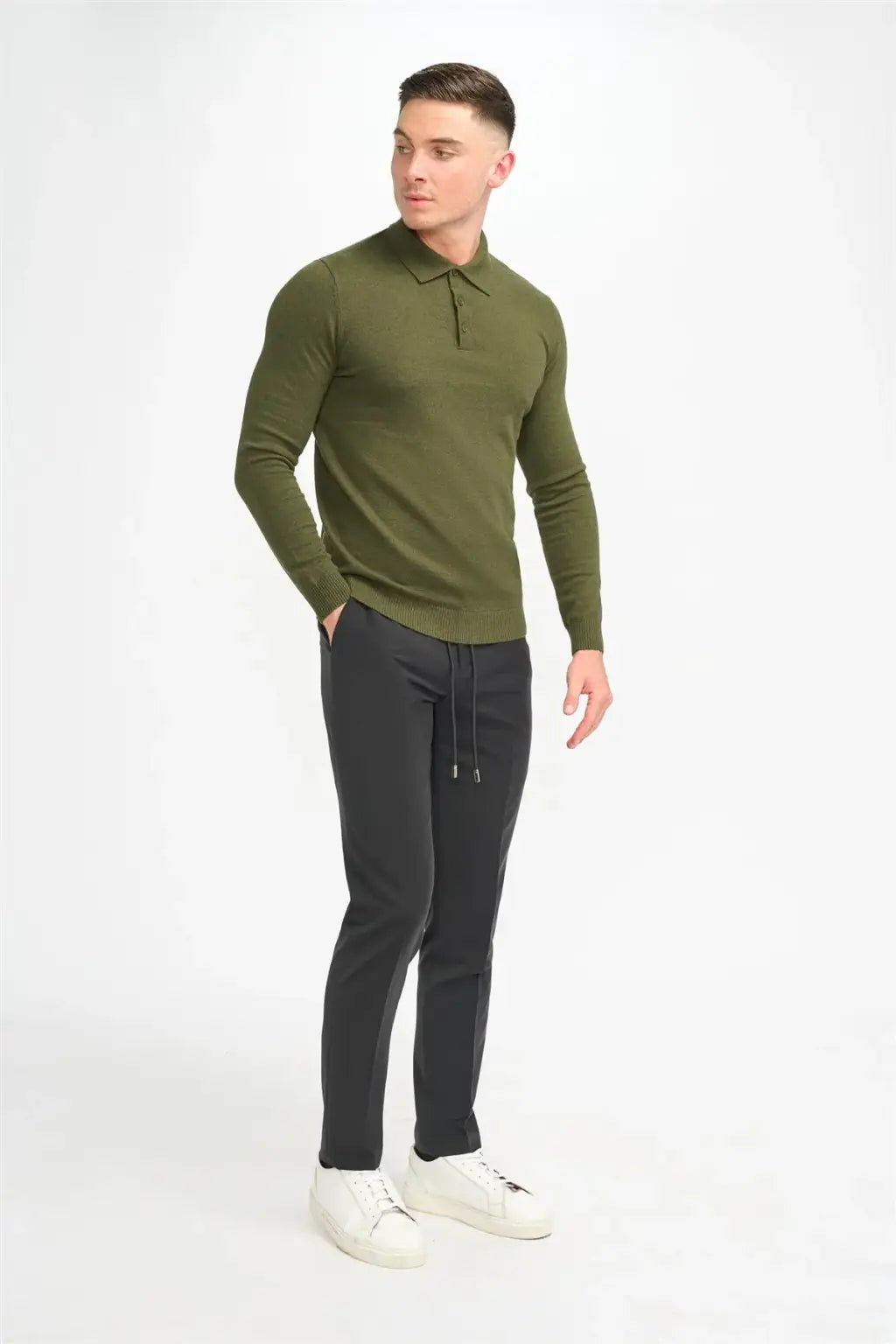 Cavani Men's Boom Plain Long Sleeve Polo Shirt - Classic Casual Slim Fit Button Down Collar Top for Business, Office & Outdoor Activities
