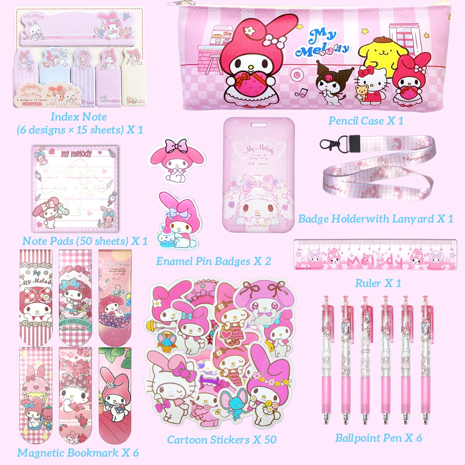 My Melody Cute School & Office Supplies Set - Pink Pencil Case, Stickers, ID Card Holder | Perfect for Students, Teachers & Back to School Essentials