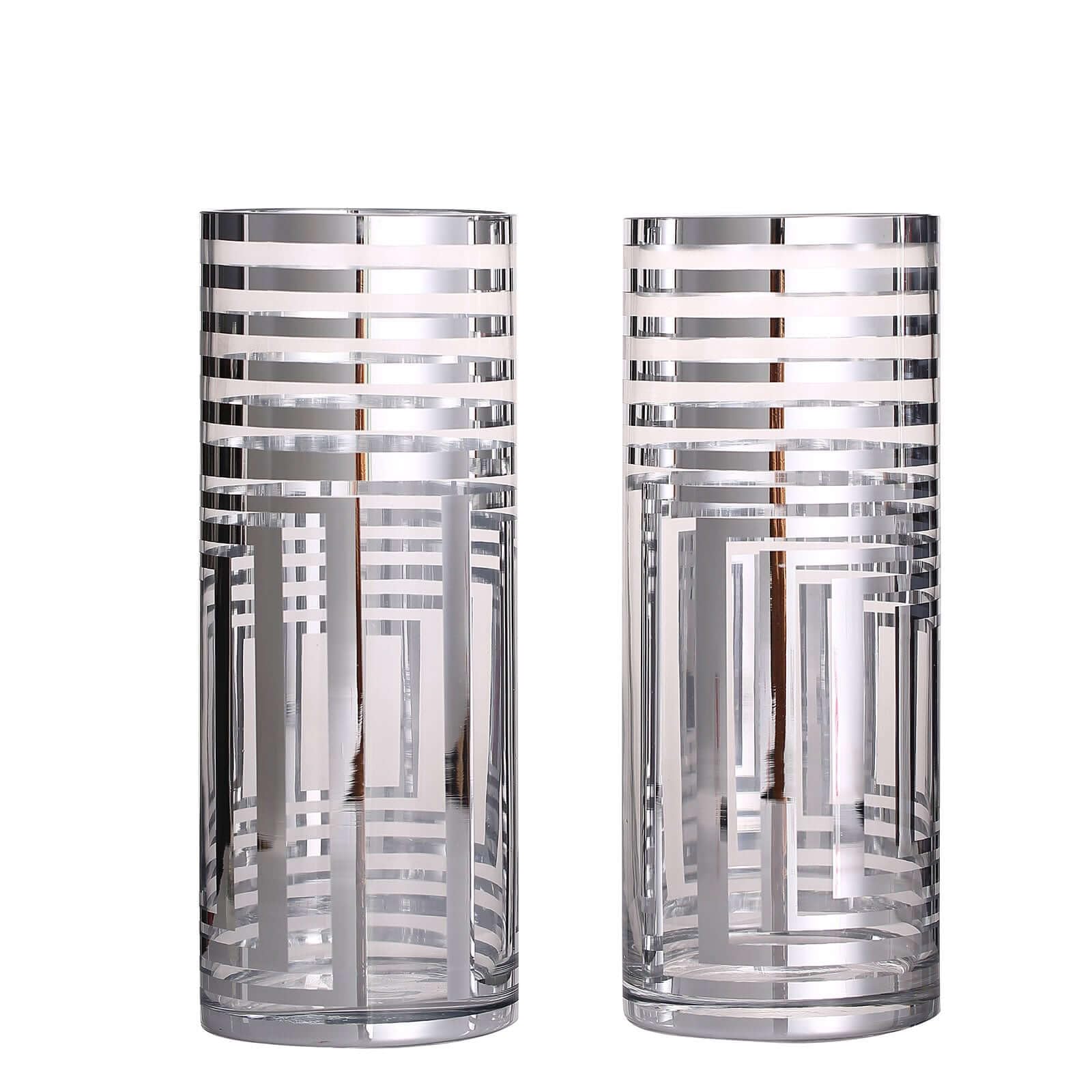 Efavormart 2 Pack 12 Inch Silver Striped Cylinder Glass Vases for Wedding Centerpieces, Floral Arrangements, Home Decor and Party Decorations