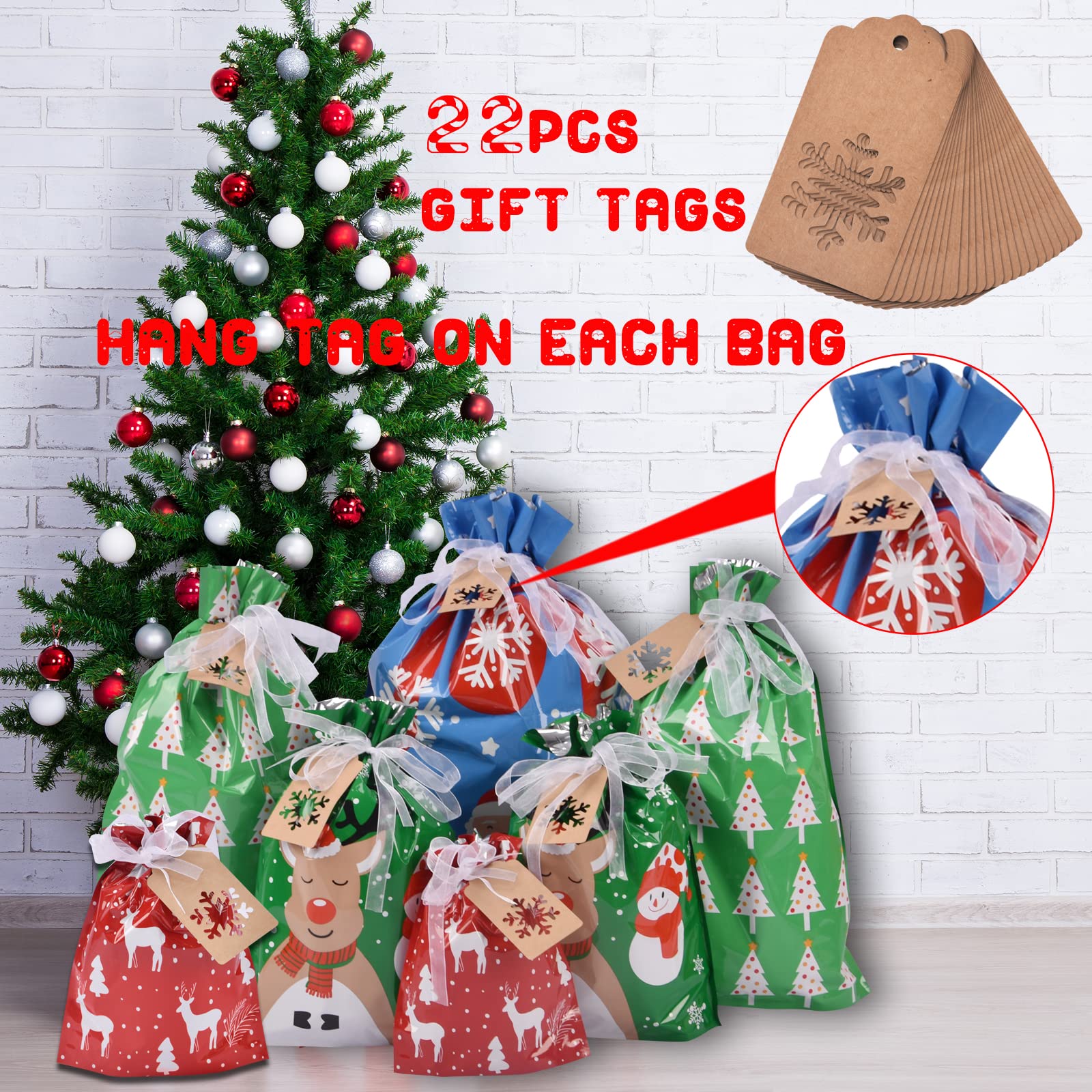22pcs Christmas Gift Bags Set - Assorted Sizes (Extra Large/Big/Medium/Small) | Reusable Drawstring Holiday Present Wrapping Bags for Xmas Party Favors, Goodie Bags & Gift Packaging - Perfect for Christmas Parties, Office Exchanges & Holiday Gift Giving