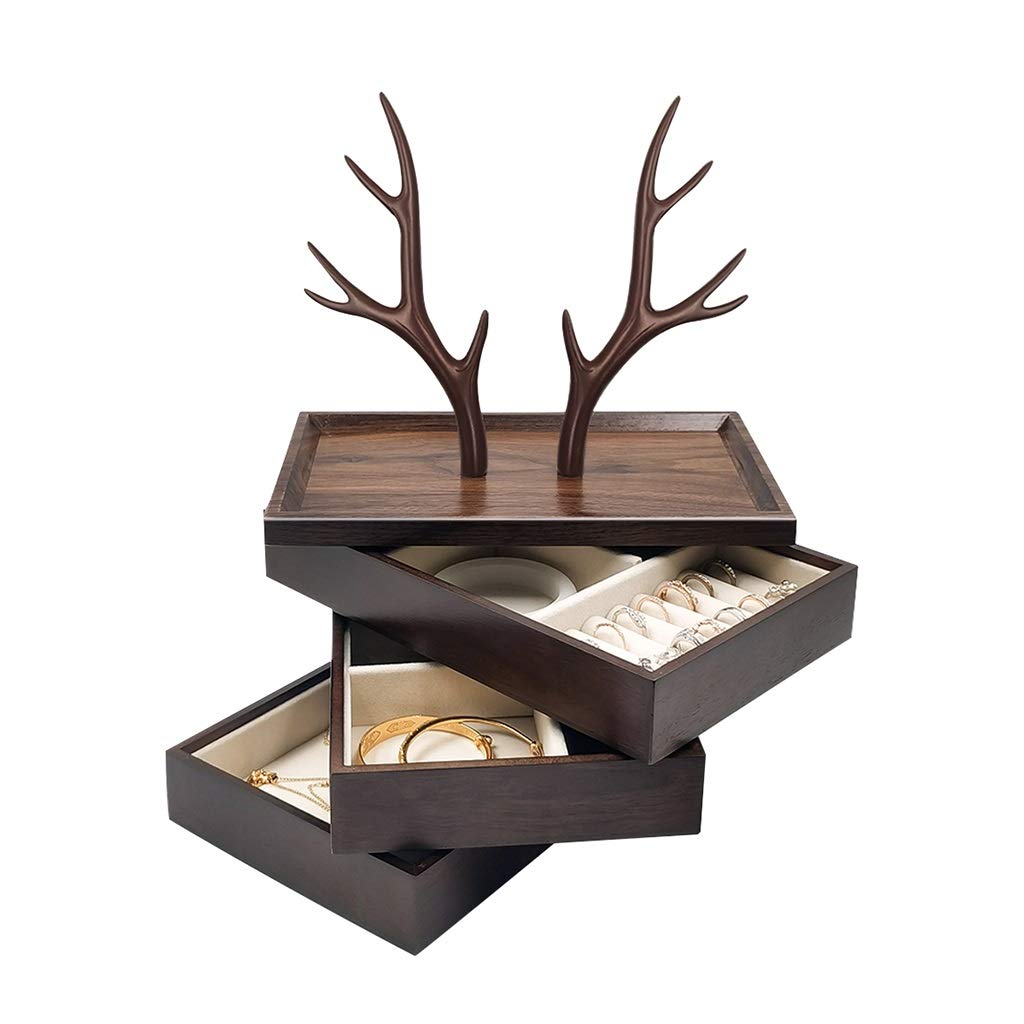 Japanese-Style Wooden Jewelry Box - 3-Tier Jewelry Organizer with Hanging Storage & Corner Design (Brown, 26×16×33cm) - Perfect for Necklace, Ring & Earring Display in Bedroom, Closet or Travel