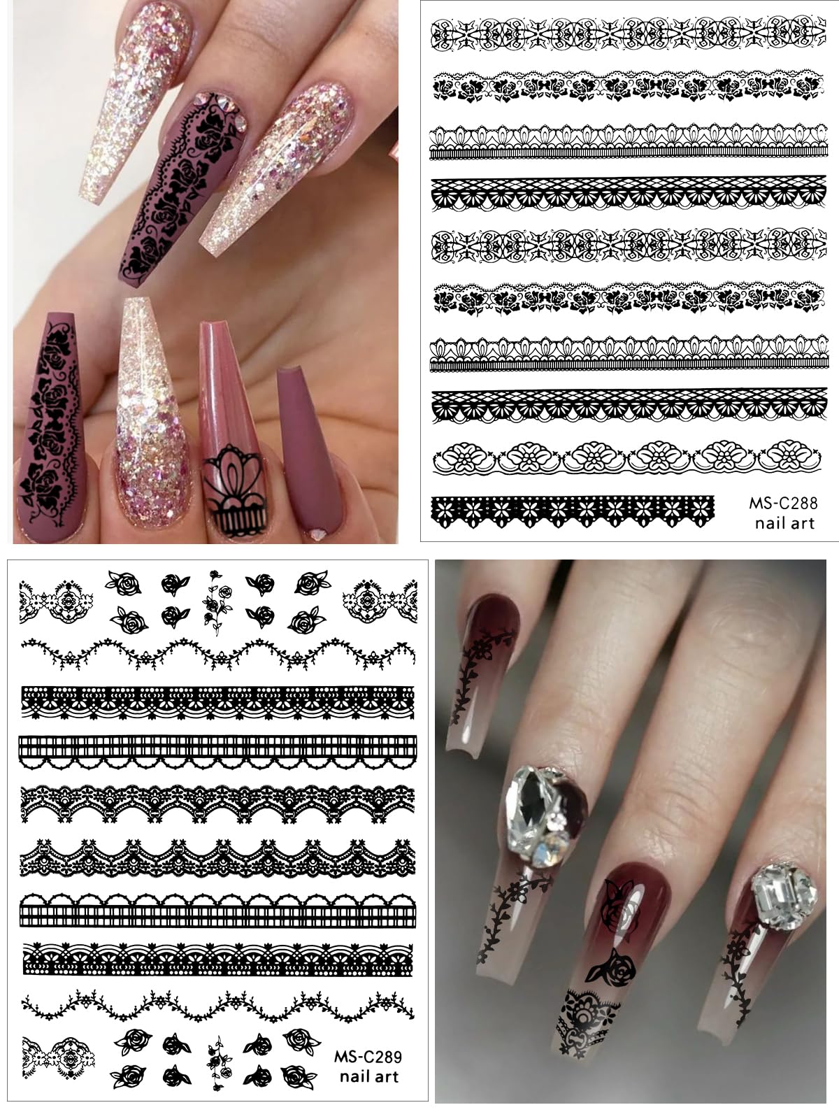 EBANKU 9 Sheets Black Lace Flower 3D Nail Art Stickers - Self-Adhesive Nail Decals for Women & Girls DIY Manicure - Perfect for Parties, Weddings, and Special Occasions
