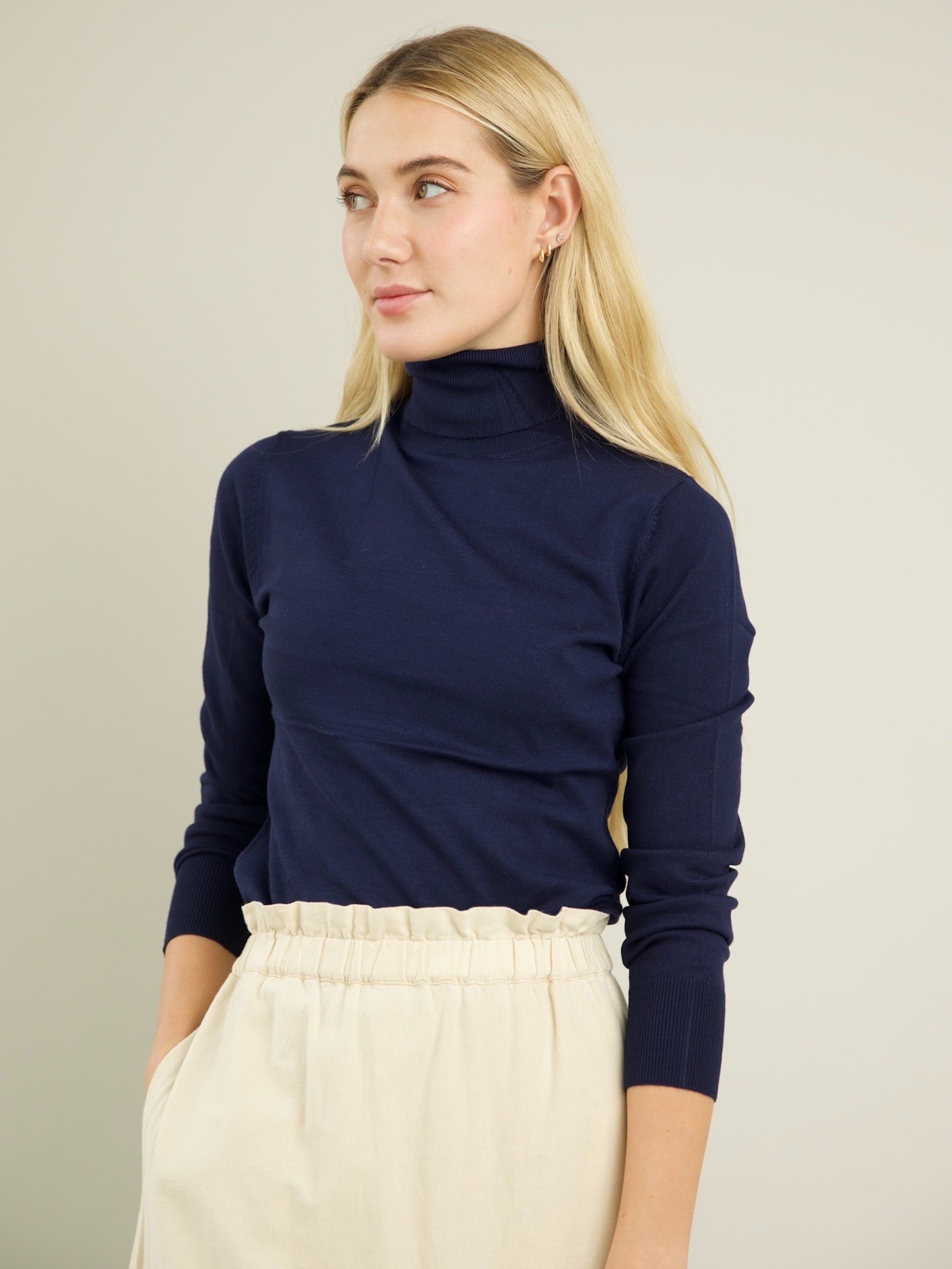Blythe Women's Navy Blue Turtleneck Sweater - Soft & Warm Winter Pullover for Casual Outfits & Office Wear