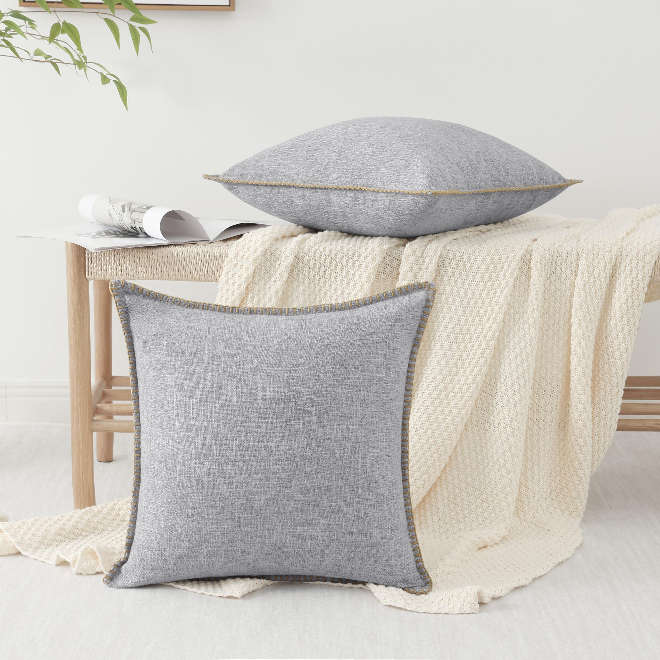 decorUhome Set of 2 20x20 Inch Square Linen Outdoor Throw Pillow Covers - Rustic Farmhouse Decorative Cushion Covers with Stitched Edge for Patio, Garden, Porch, Couch & Sofa - Light Grey Home Decor