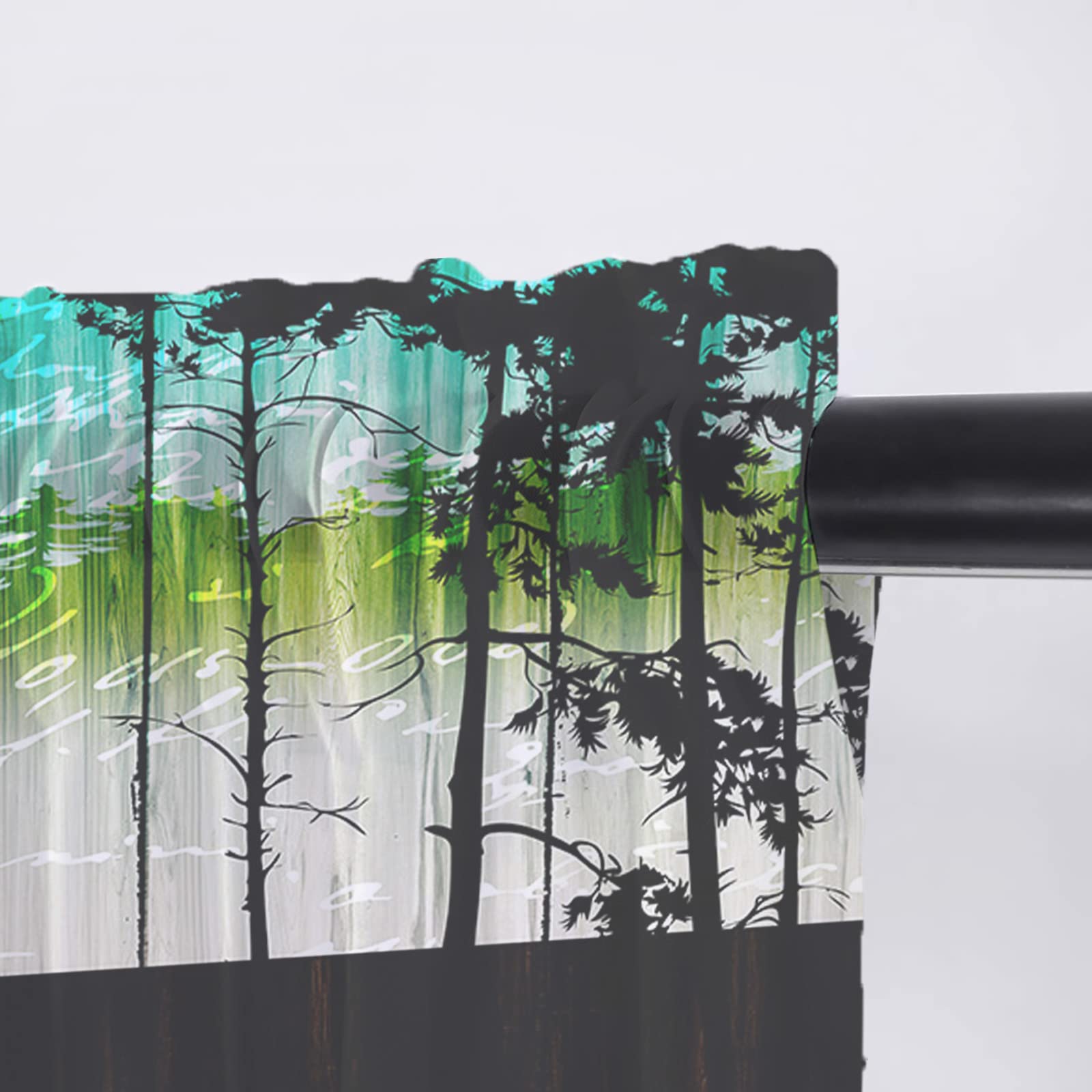OUR DREAMS Semi-Sheer Valance Curtains - Retro Bear Forest Black Silhouette Window Treatment Panel (54 x 18 Inches, Green Teal) for Living Room, Bedroom & Nursery Decor