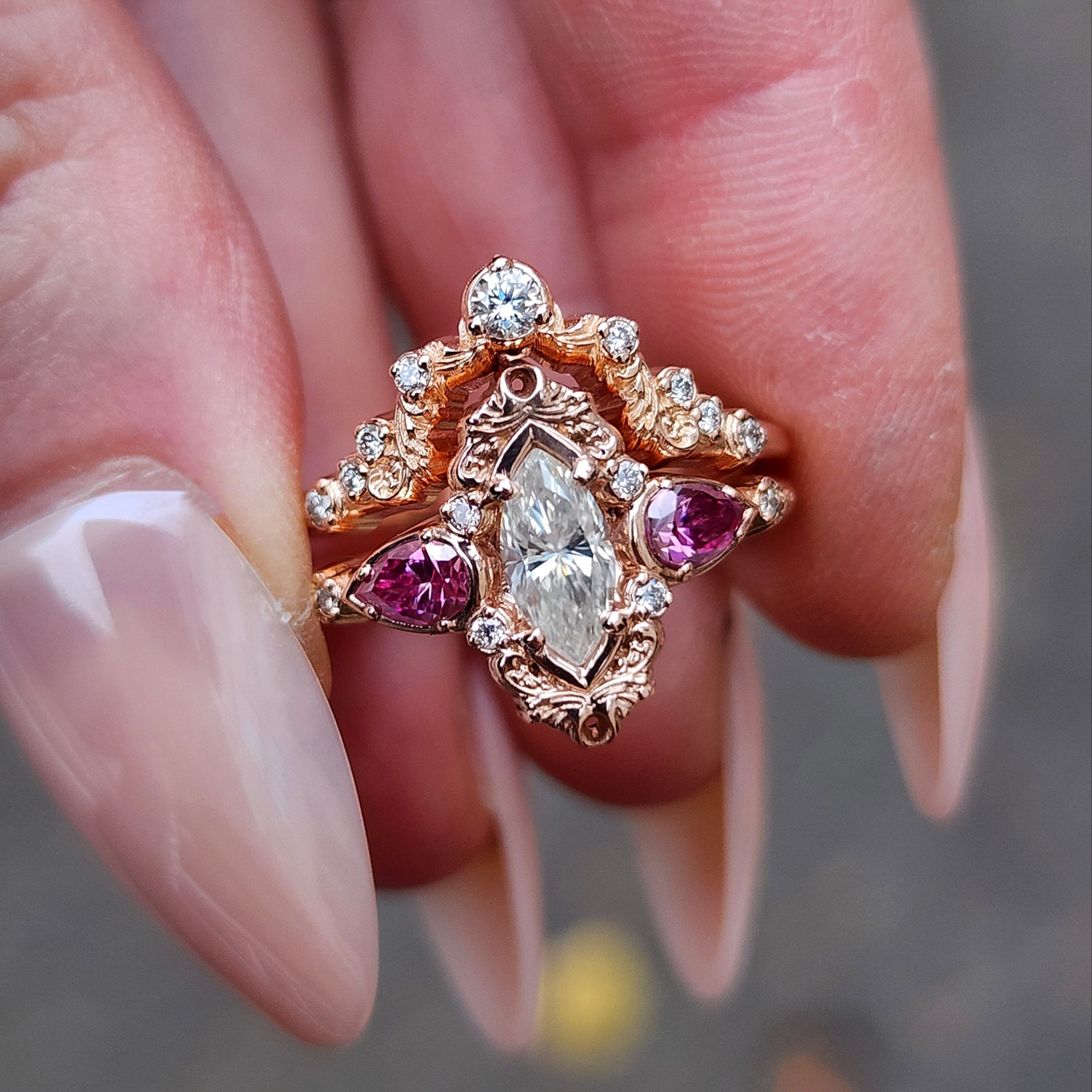 Odette Marquise Engagement Ring Set with Pink Moissanite Pear Accents & Gold Scroll Details - Matching Diamond Wedding Band for Women | Perfect for Proposals, Anniversaries & Bridal Jewelry