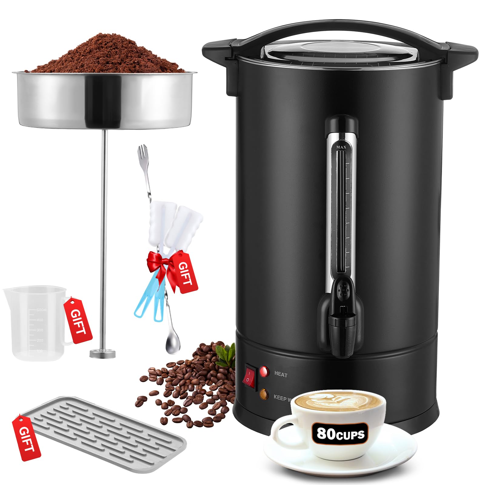 80 Cup Commercial Coffee Urn with Percolator - 1500W High Power Fast Brewing, Auto Temperature Control Stainless Steel Hot Beverage Dispenser - Perfect for Events, Catering, Offices & Large Gatherings
