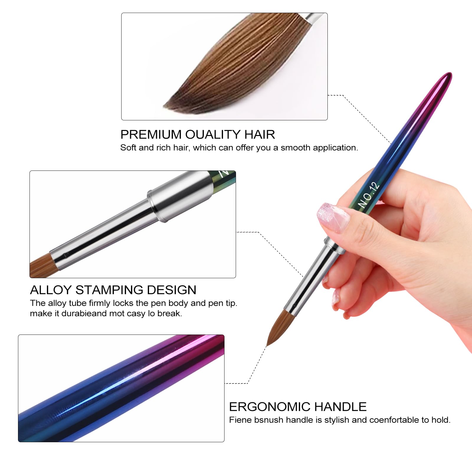 Professional Acrylic Nail Brush Set - 4PCS Kolinsky Nail Brushes Size 10/12/14/16 for Acrylic Powder Application, Nail Extensions & 3D Carving | Perfect for Salon, Home Manicure & Nail Art Design