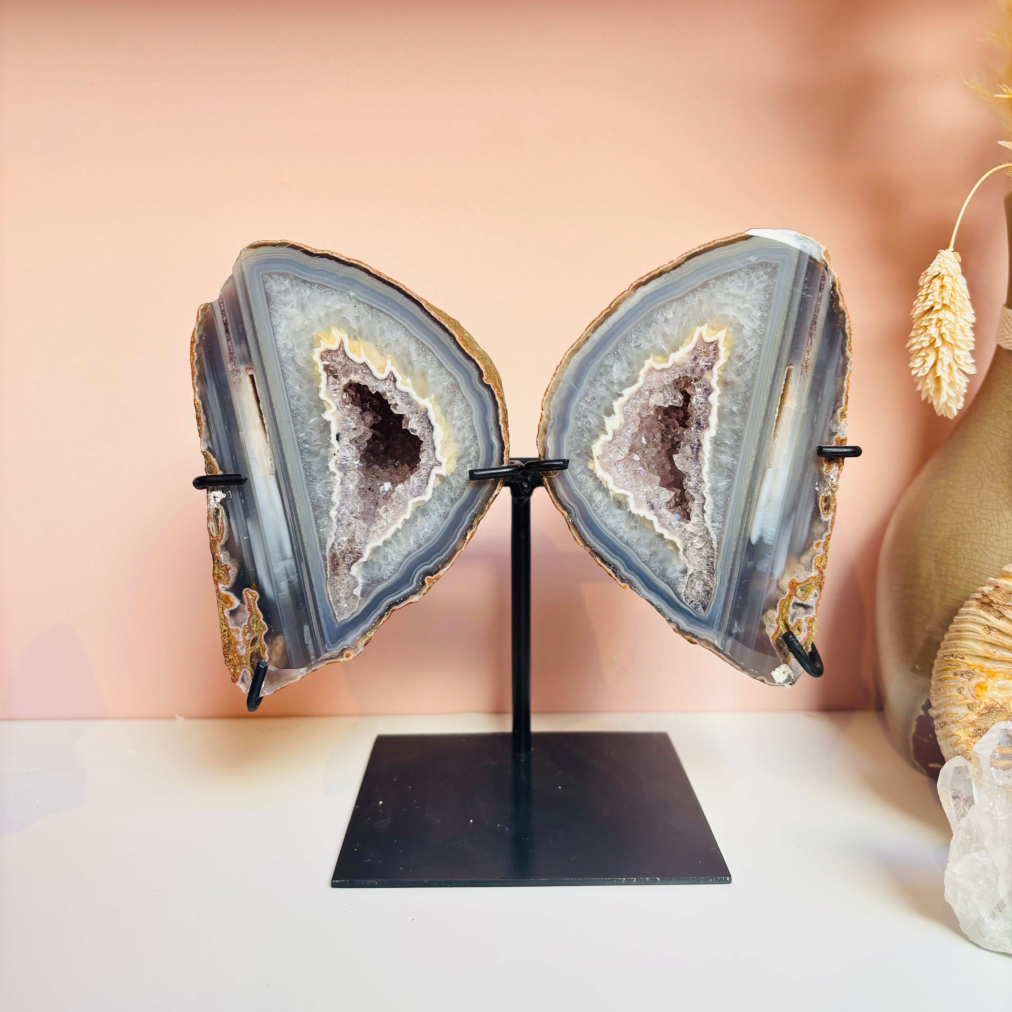 Unique Agate Amethyst Butterfly on Stand - Handcrafted Home Decor for Living Room, Bedroom & Office