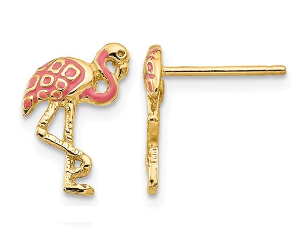 14K Yellow Gold Pink Enamel Flamingo Charm Post Earrings for Women - Dainty Floral Bird Stud Earrings for Everyday Wear, Gift Giving & Special Occasions