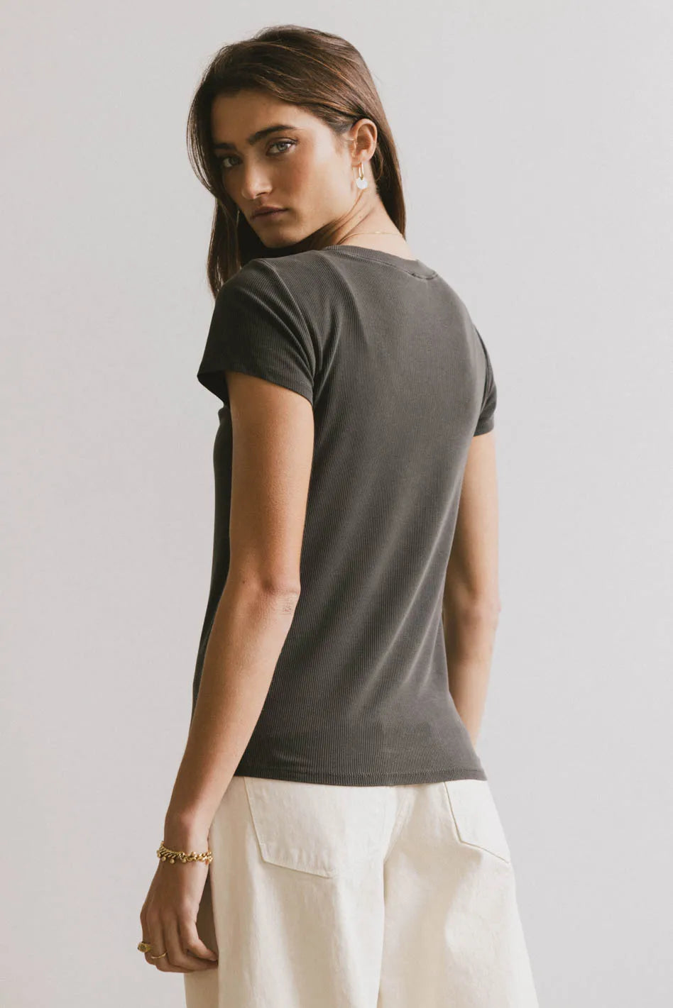 Opal Ribbed Tee in Charcoal - Soft Stretch Cotton Women's T-Shirt for Casual Wear & Layering | Final Sale