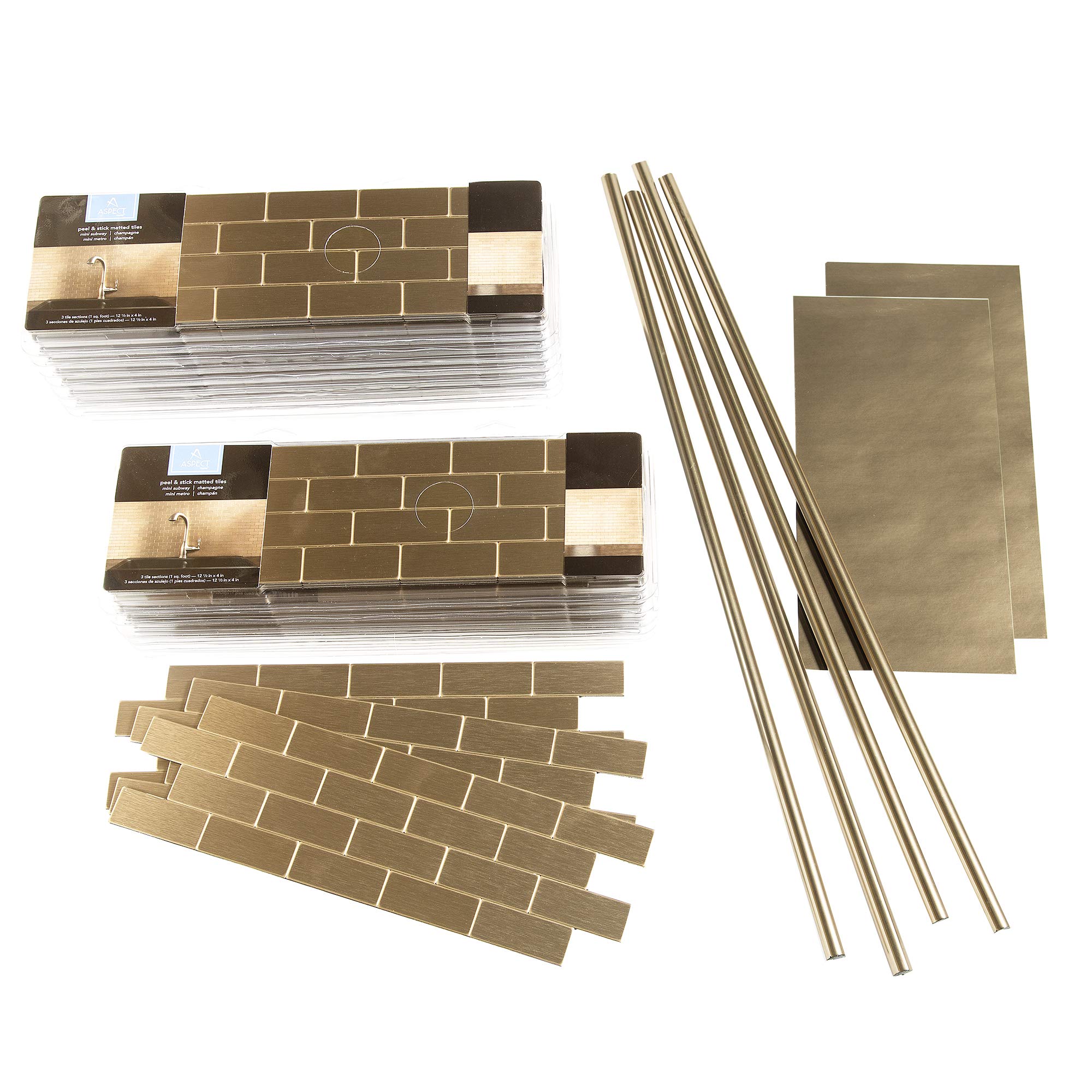 Premium Aspect Peel and Stick Backsplash - Champagne Matte Metal Subway Tile (15 Sq Ft Kit) for Easy Kitchen & Bathroom Remodeling | DIY Home Upgrade, Waterproof & Durable Wall Decor