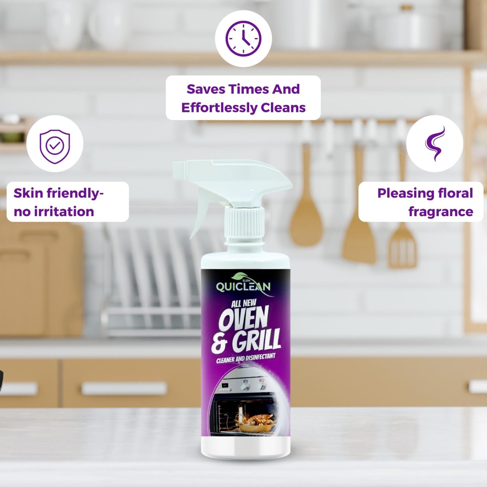 Quiclean™ All-Purpose Oven & Grill Cleaner and Disinfectant Spray - 500ML | Heavy-Duty Kitchen Degreaser | Chimney, Microwave & Grease Stain Remover | Safe for Stainless Steel & Ceramic (Pack of 1) | Perfect for Deep Cleaning Grills, Ovens & Kitchen Surfaces