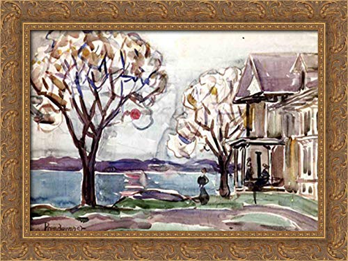 24x18 Gold Ornate Wood Framed Canvas Art - House by the Sea Painting by Maurice Prendergast - Coastal Wall Decor for Living Room, Bedroom & Office