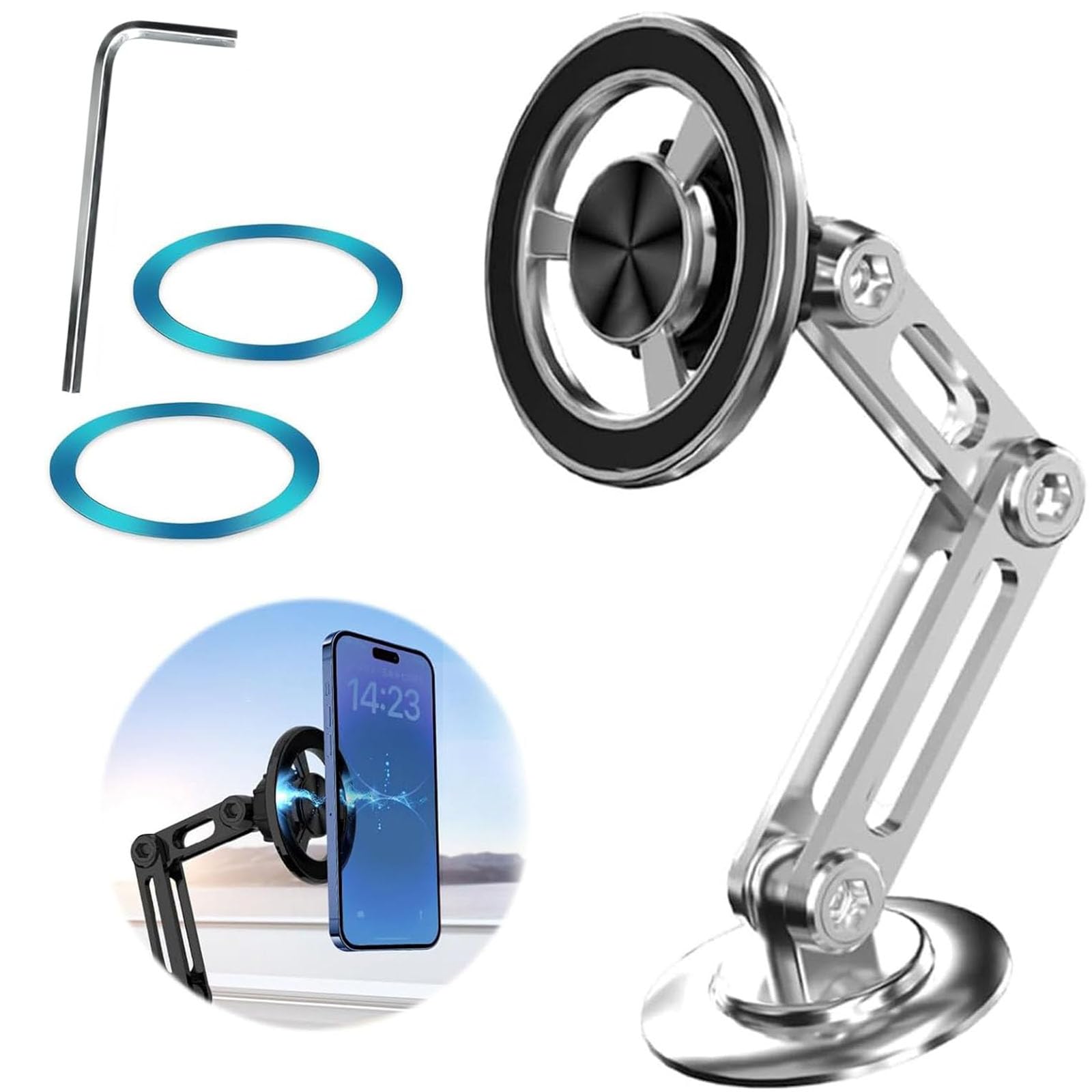 360° Universal Magnetic Car Phone Holder - Super Strong Alloy Dashboard Mount for iPhone, Samsung & All Smartphones | Foldable & Adjustable for Safe Driving (Silver) - Perfect for GPS Navigation & Hands-Free Calling