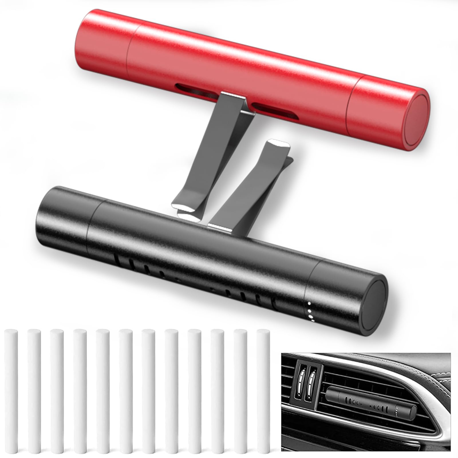 2 Packs Custom Car Air Freshener Diffuser Vent Clips - 12 Refill Sticks for Car, Office, Kitchen, Bathroom & Pet Houses - Red and Black - Long-Lasting Fragrance for Fresh & Clean Spaces