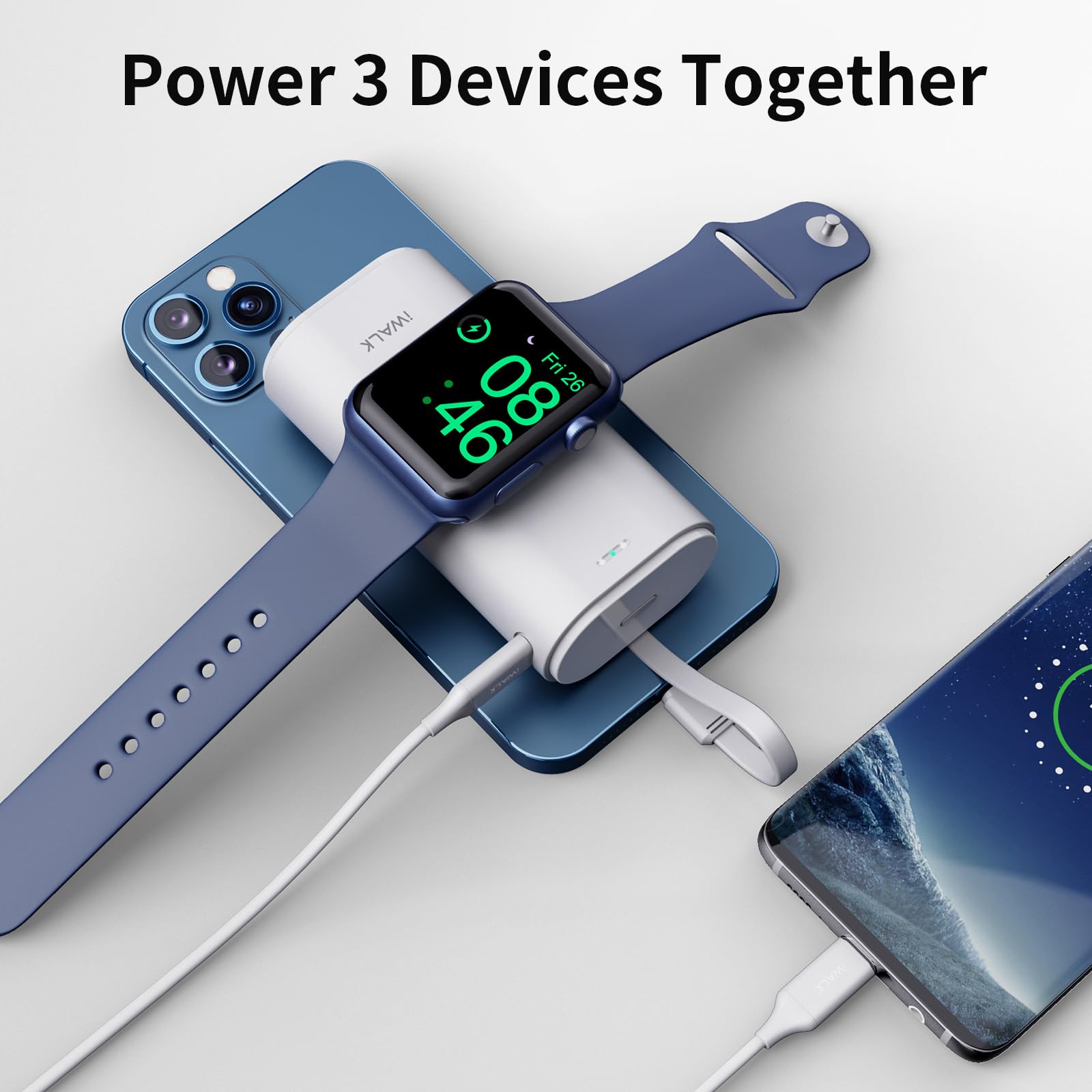 iWALK 9000mAh Portable Charger for Apple Watch & iPhone - Built-in Cable Power Bank Compatible with Apple Watch Series 8/7/6/SE/5/4/3/2 & iPhone 14/13/12/11/6s (White) | Perfect for Travel, Gym & Outdoor Activities
