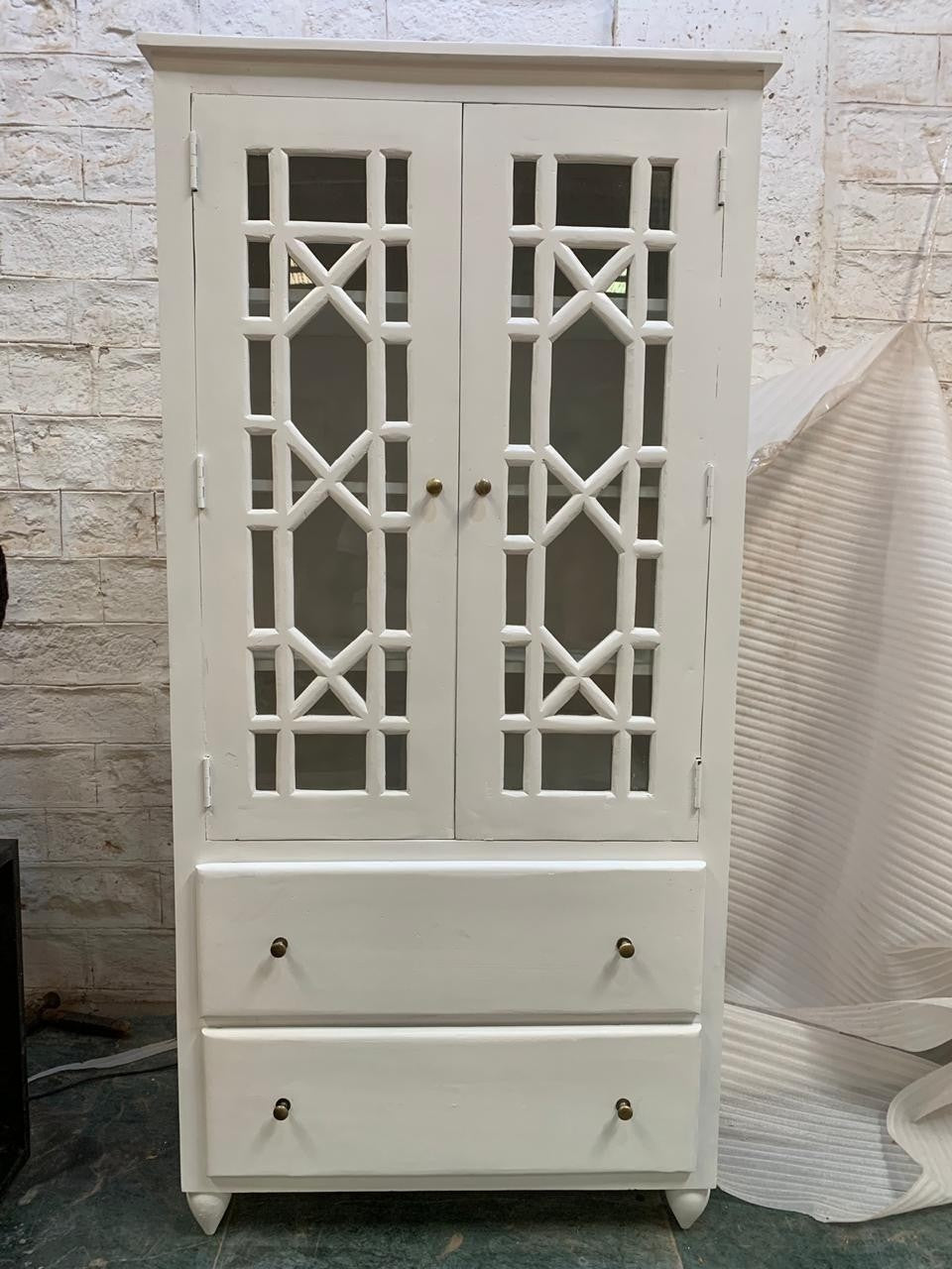 Hand Carved Indian Mango Wood Cabinet with French Arched Doors - White | Rustic Farmhouse Storage for Living Room, Bedroom & Entryway