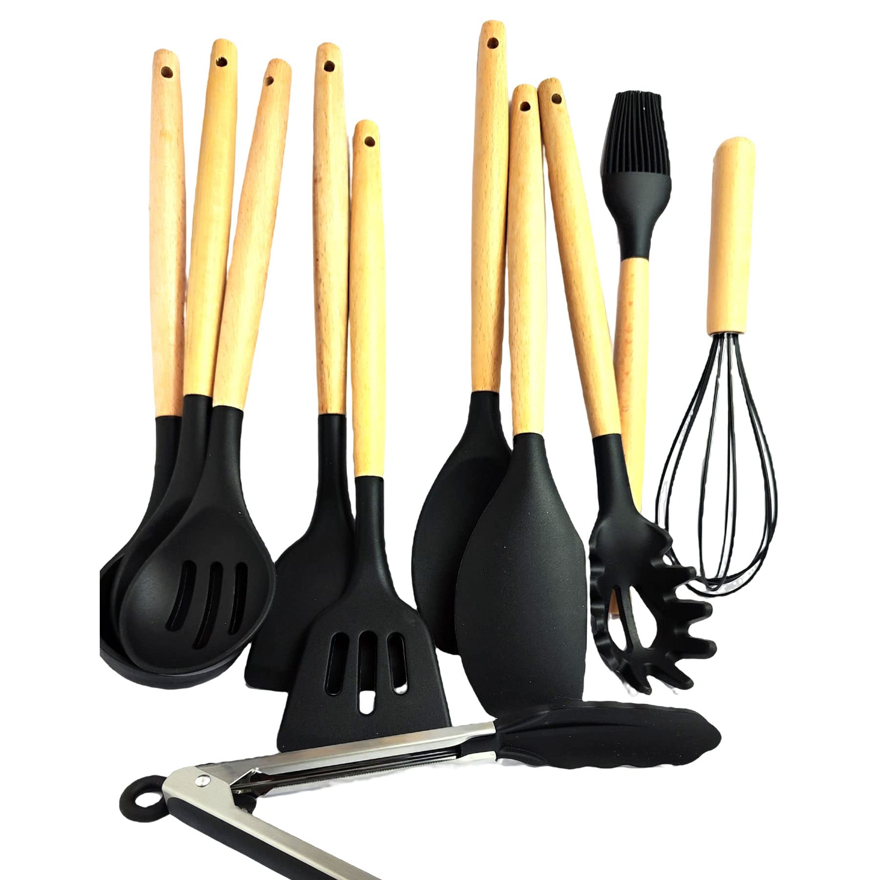 Heat Resistant Silicone Kitchen Utensils Set - 12 Piece Nonstick Cooking Tools with Spatula for Baking, Frying & Sauteing - Black Cookware Essentials for Home Chefs