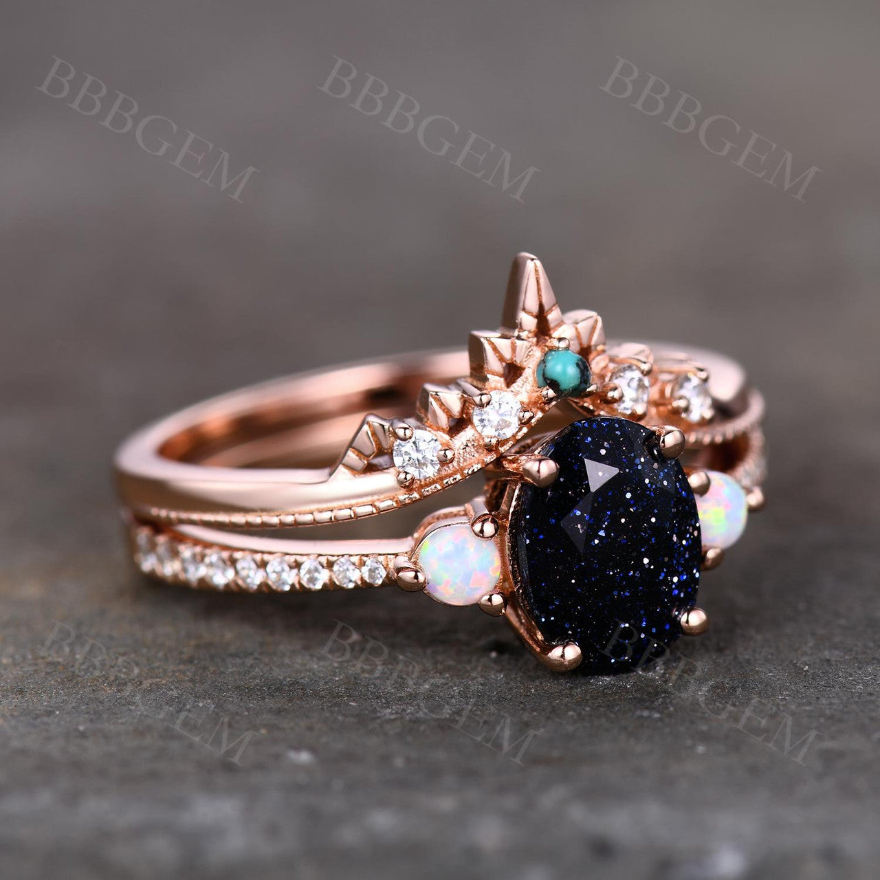 5x7mm Oval Cut Pink Gold Blue Sandstone Half Eternity Diamond Wedding Band Set - Curved Matching Bridal Rings for Engagement, Anniversary & Special Occasions