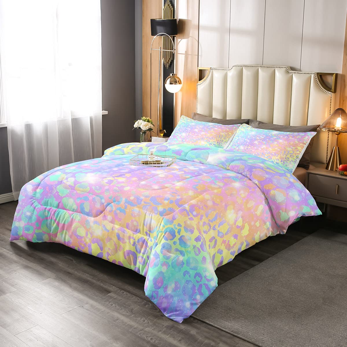 Rainbow Leopard Print Comforter Set for Girls - Twin Size Soft Microfiber Bedding with Galaxy Star Design - Kids Room Decor for Birthday Gifts & Sleepovers (Pink/Purple Gradient) - Perfect for Girls' Bedrooms, Dorm Rooms & Cozy Sleepovers