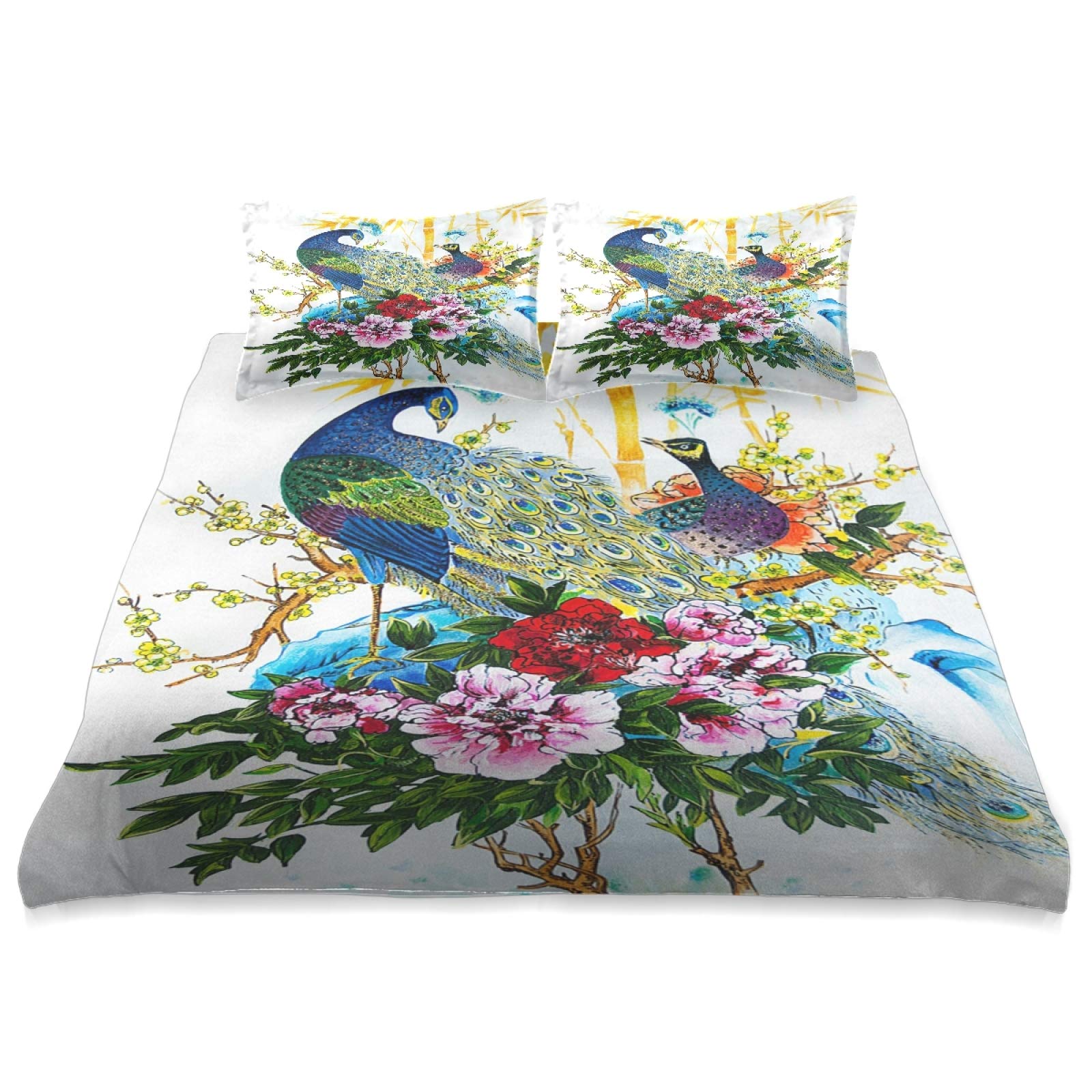 King Size 90x104 Inch Ultra Soft Bamboo Comforter Set with Peacock Floral Design - 3 Piece All Season Bedding Set for Cozy Home Decor | Perfect for Master Bedroom, Guest Room & Dormitory