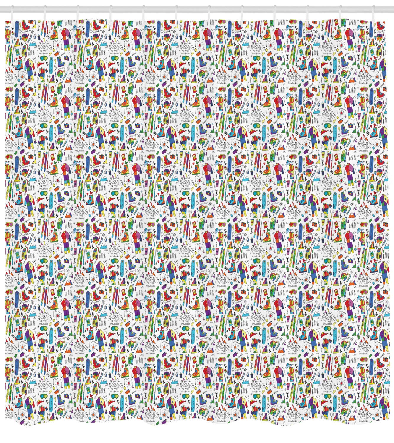 Ambesonne Ski Pattern Shower Curtain - Colorful Winter Sports Design with Accessories & Clothes, 69x75 Inch Fabric Bathroom Decor Set with Hooks, White & Multicolor - Perfect for Ski Lodge, Cabin, or Winter-Themed Bathroom Decor