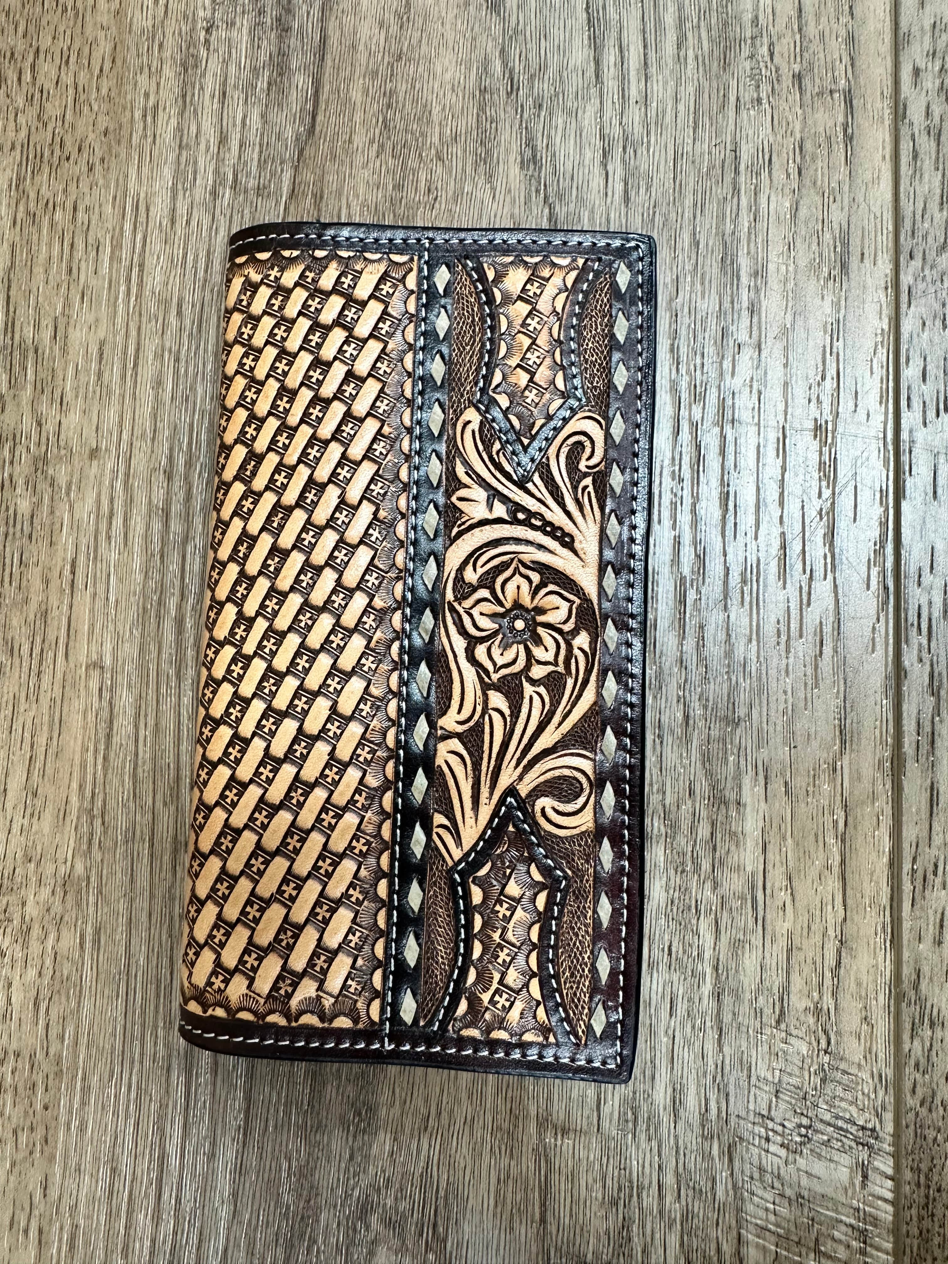 Handmade Floral Carved Leather Basket Tooling Rawhide Buckstitch Twisted X Wallet - Western Style Bifold Wallet for Men & Women - Perfect for Cowboy Boots, Rodeo Events and Country Fashion