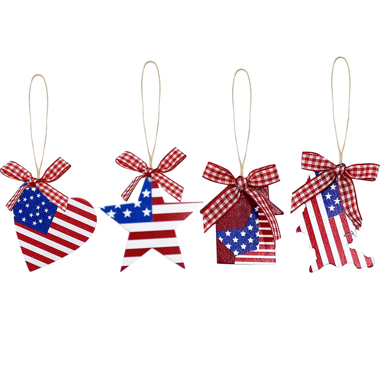 4PC Patriotic Wooden Hanging Flag Decor - Red White Blue Bowknot Pendants for Independence Day, Memorial Day, Labor Day - Perfect for Front Porch, Garden, Fireplace & Patriotic Home Decoration