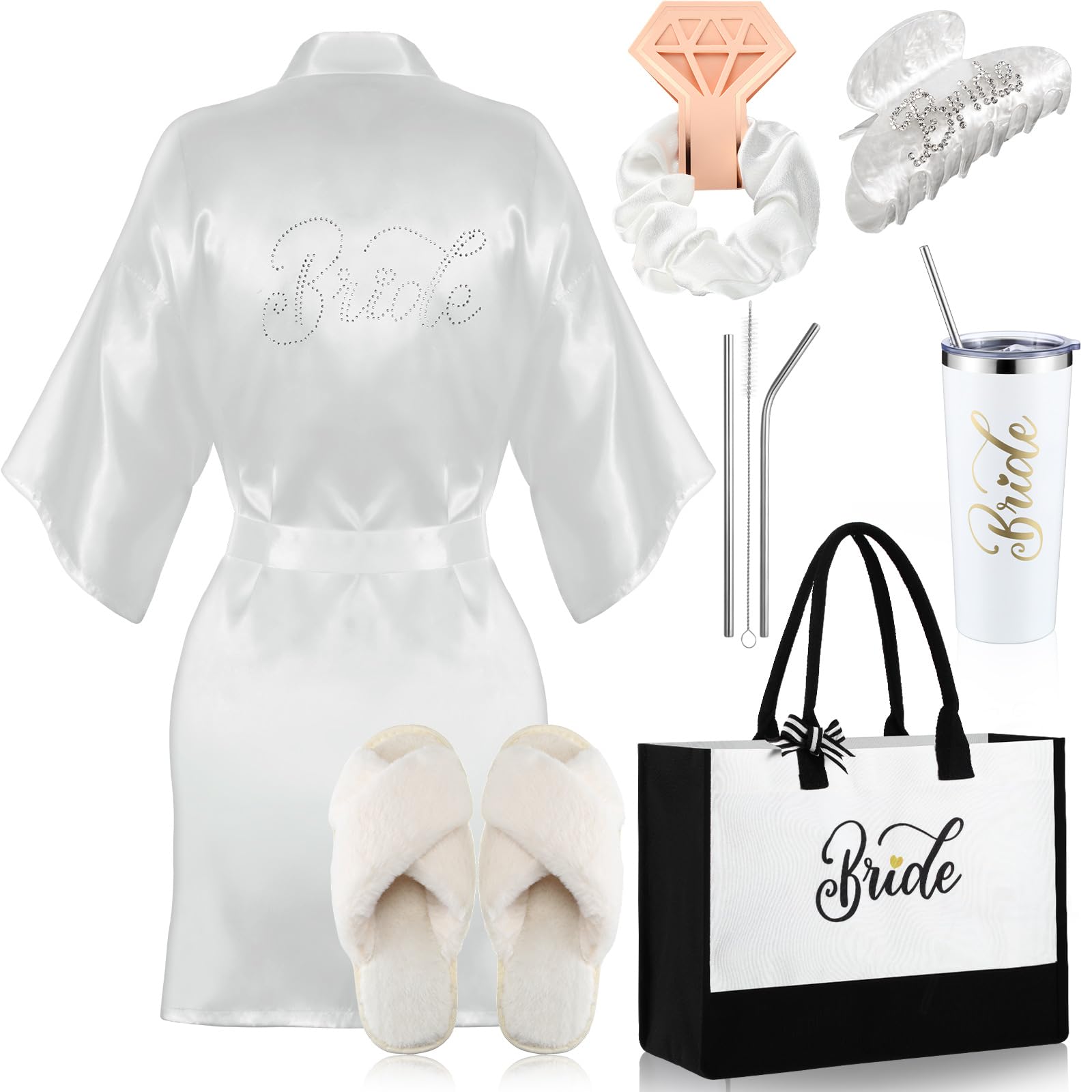 6-Piece Bridal Party Gift Set - White Satin Robe, Slippers, 20oz Tumbler, Canvas Tote Bag & Hair Accessories | Perfect for Weddings, Bachelorette Parties & Bridal Showers (Bride, Bridesmaids, Mother of the Bride Gifts)