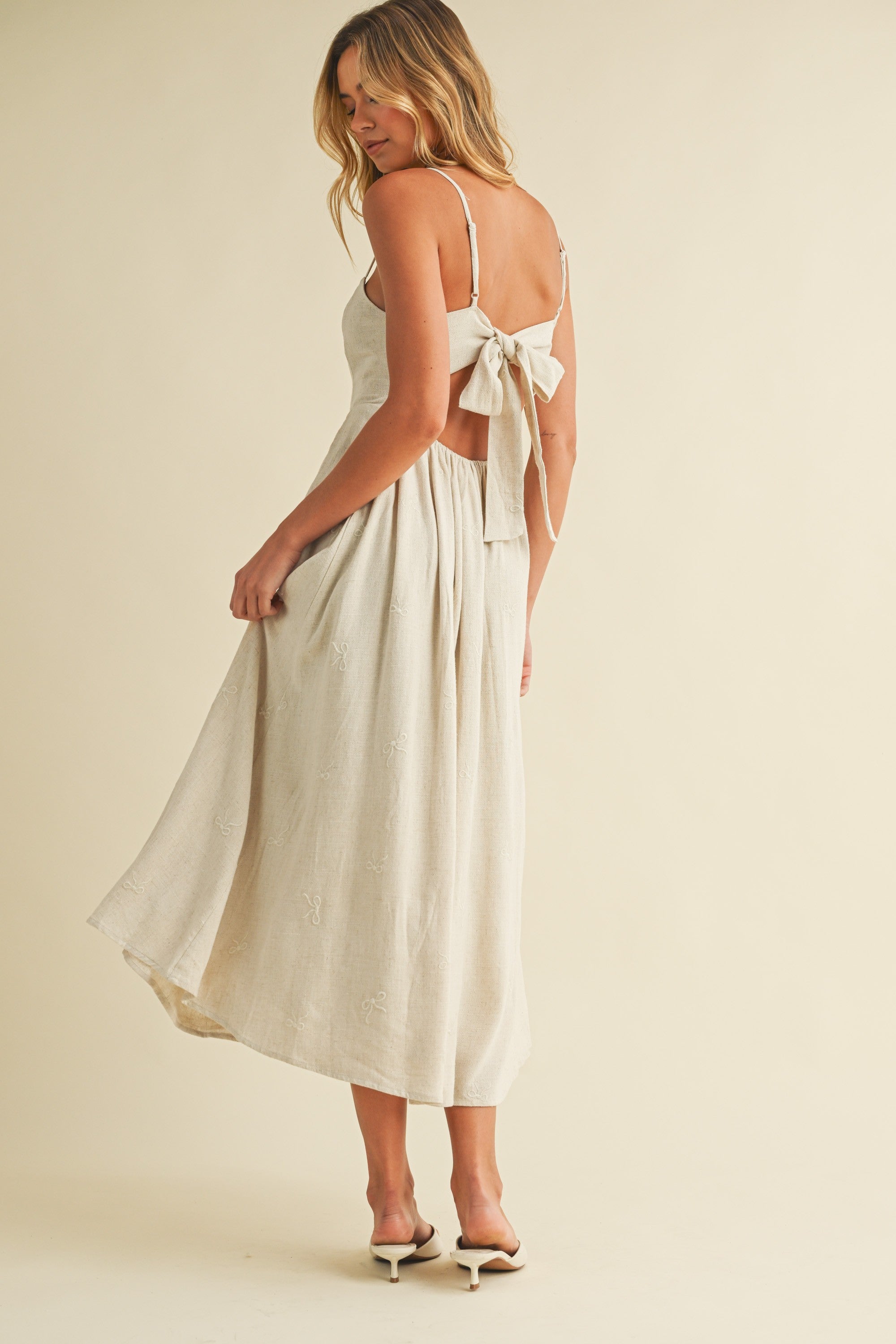 Beige Linen Ribbon Pattern Embroidered Midi Dress for Women - Summer Boho Chic Flowy Dress for Beach, Wedding & Casual Outings