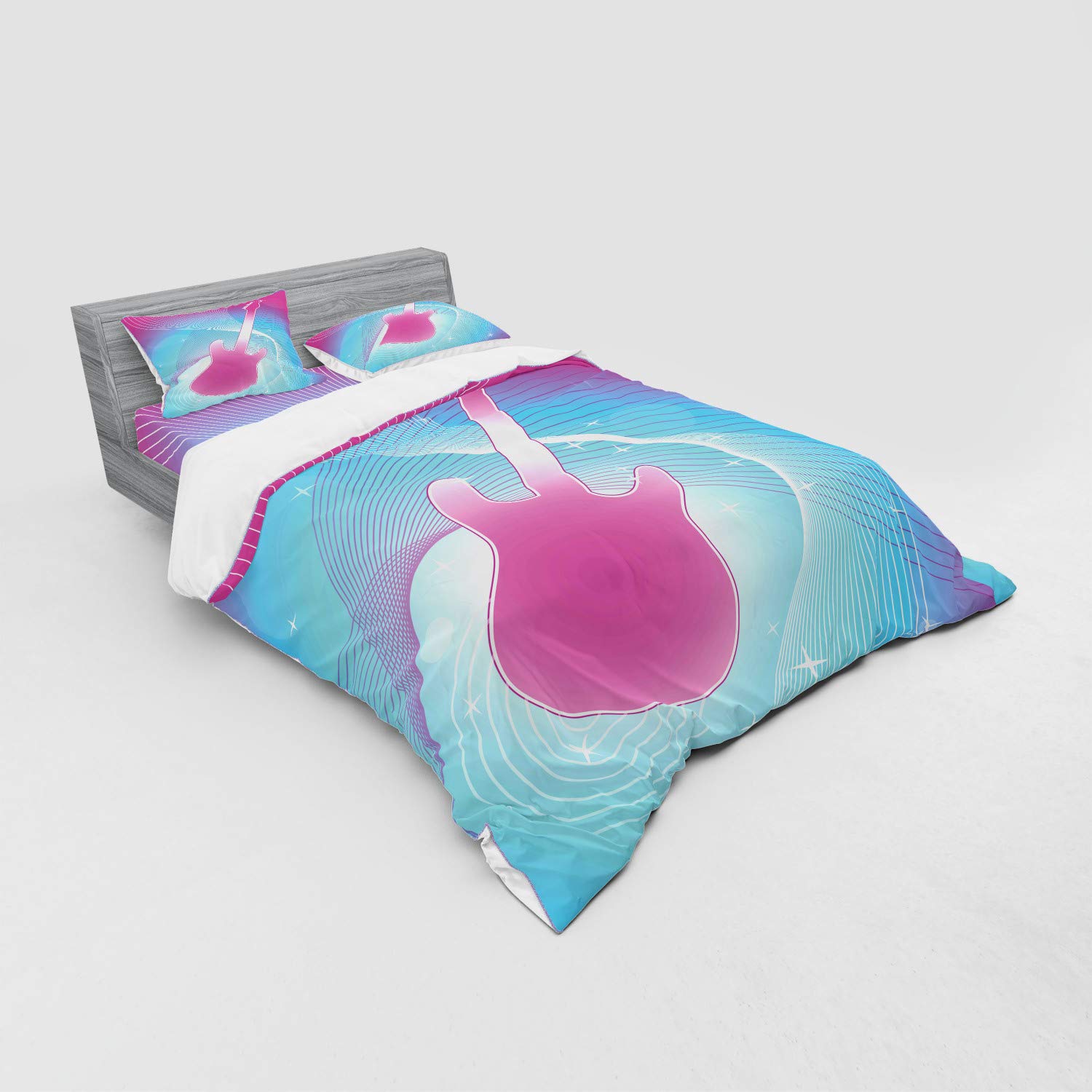 Ambesonne Hot Pink Queen Size 4-Piece Bedding Set - Music Themed Abstract Guitar Print Duvet Cover with Shams & Fitted Sheet, Vibrant Pink & Aqua Colors for Teen & Adult Bedrooms