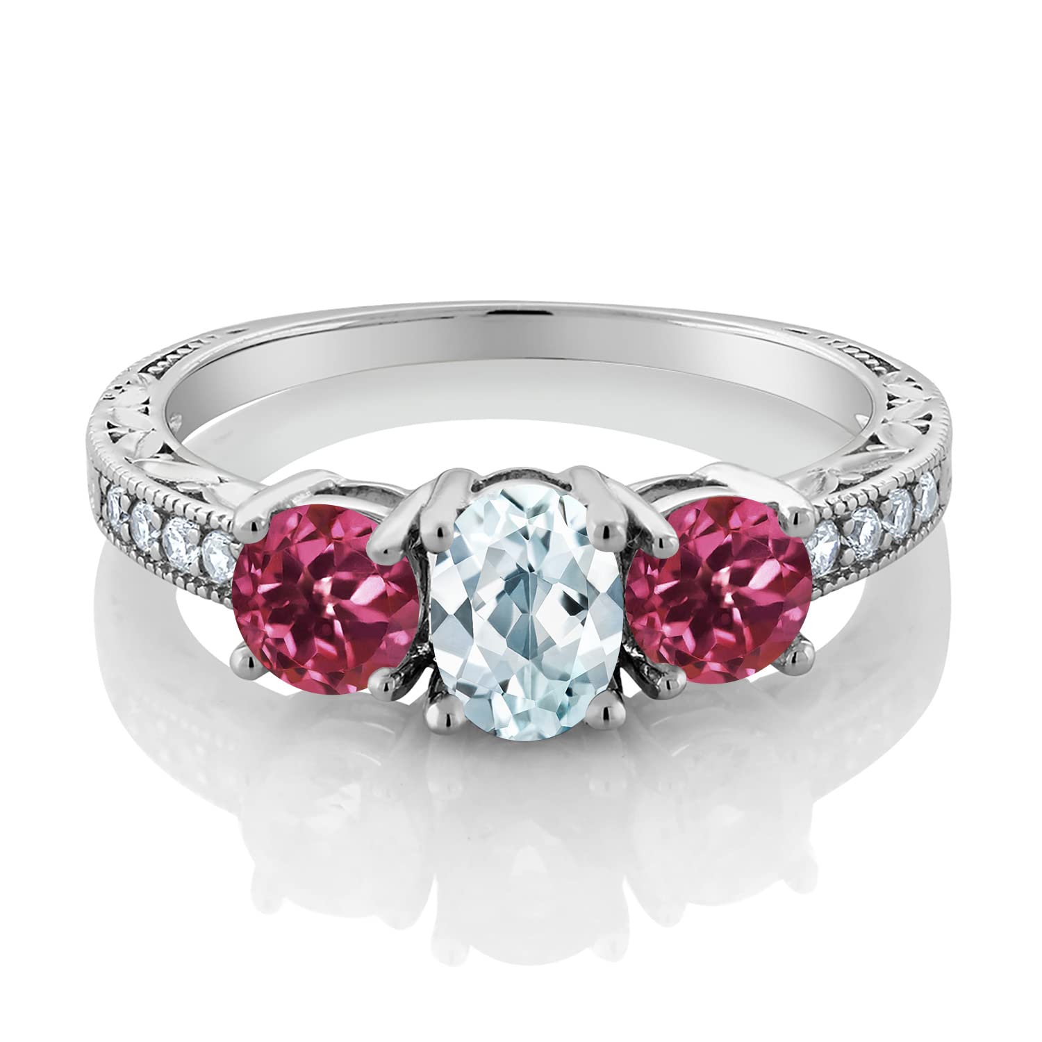 1.91 Ct Oval Sky Blue Aquamarine & Pink Tourmaline Ring in 925 Sterling Silver with Moissanite Accents - Elegant Birthstone Jewelry for Women, Perfect for Engagement, Anniversary & Special Occasions