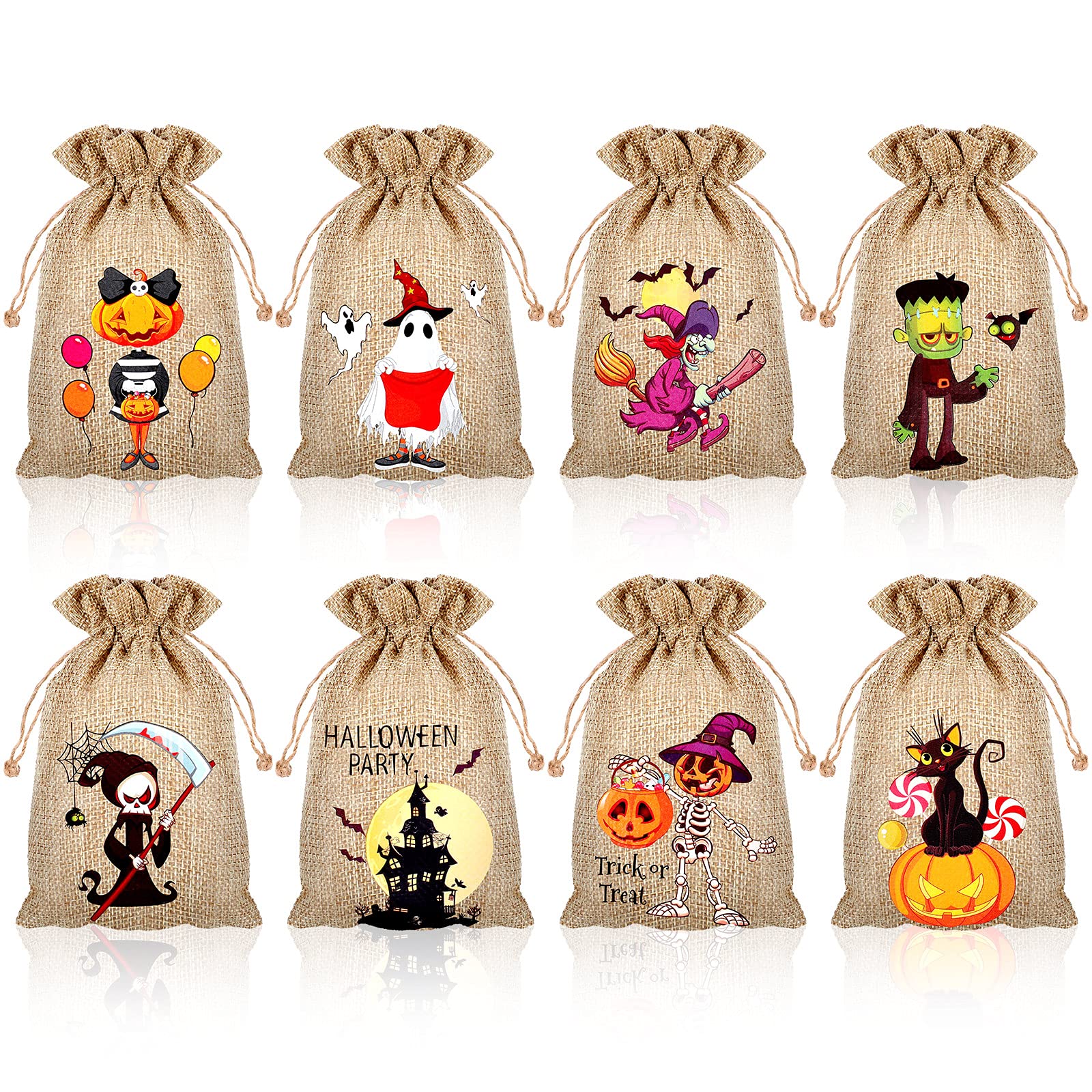 40-Piece Halloween Burlap Gift Bags with Drawstrings - 8 Styles Linen Jute Bags for Trick or Treat, Party Favors, and Holiday Decorations - Perfect for Kids Halloween Gifts, Candy Packaging, and Fall Party Supplies
