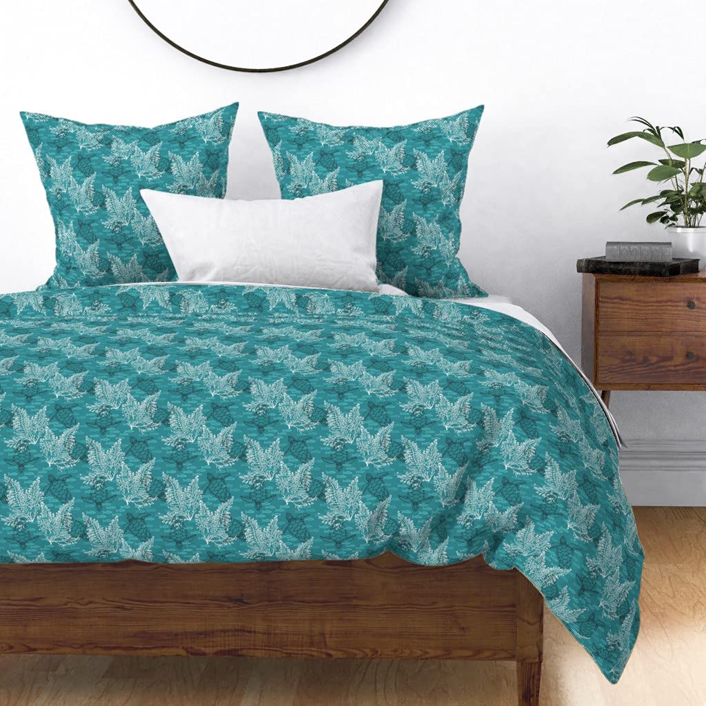 Premium Cotton Sateen Duvet Cover Twin Size - Sea Turtles & White Kelp Ocean Coral Beach Tropical Print Custom Bedding Set | Soft Breathable Fabric for Coastal & Nautical Themed Bedrooms