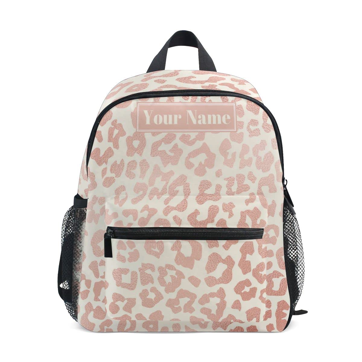 Personalized Preschool Backpack with Adjustable Chest Strap - Custom Name/Text Daycare Bag for Toddlers, Rose Gold Leopard Print Cheetah Design - Perfect for Nursery, Daycare, Travel & Diaper Storage (Toddler Size)